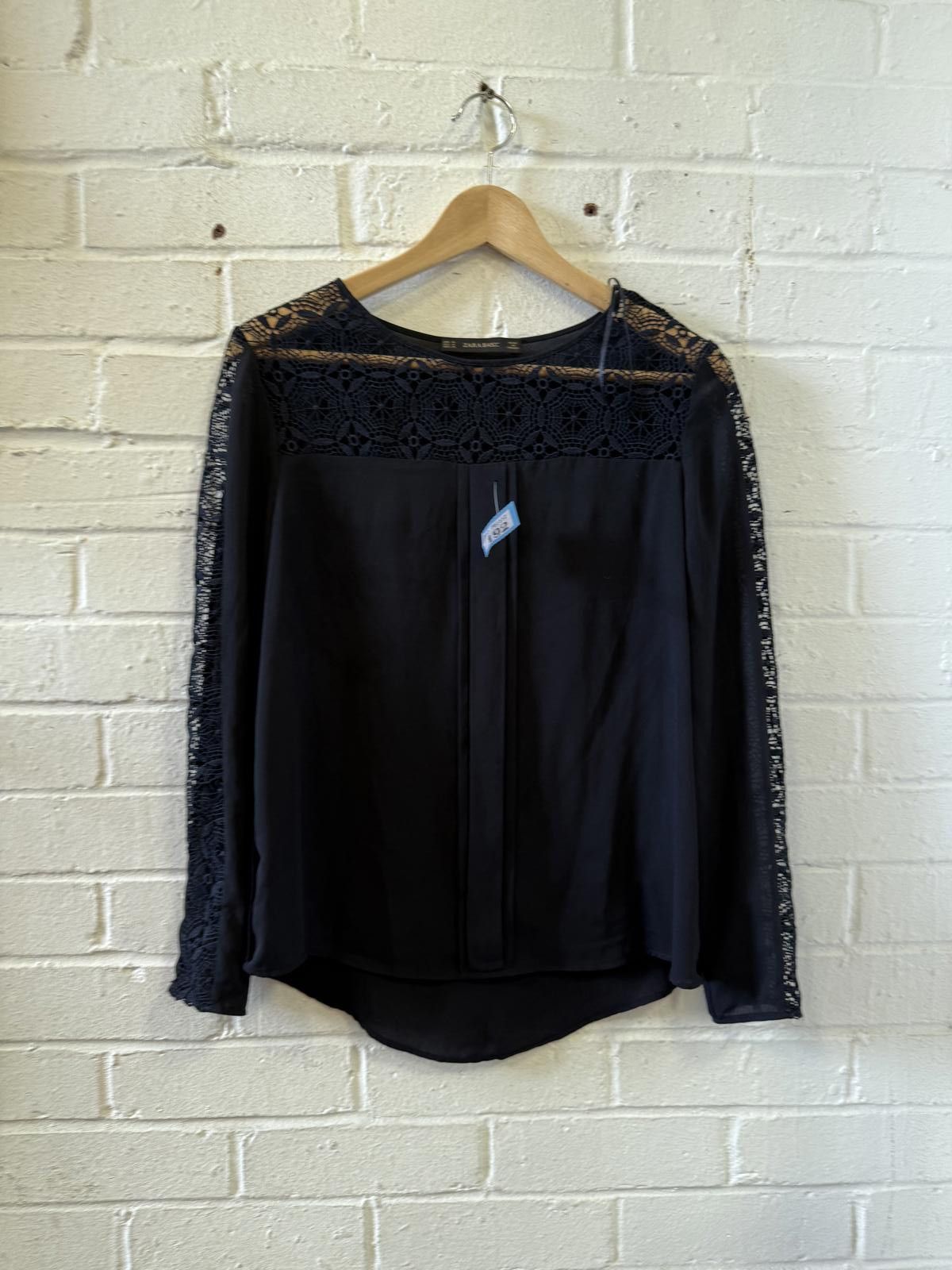Designer Zara Basic Black Lace Detail Long Sleeve Blouse, Size M Size M / US 6-8 / IT 42-44 - 1 Thumbnail