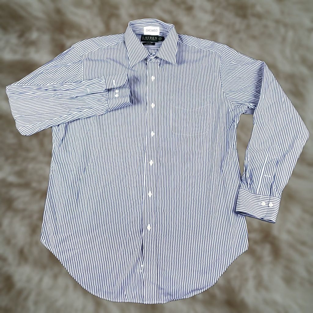 Ralph Lauren Ralph Lauren Dress Shirt Men 16 Blue Striped Button Up Long Sleeve Non-Iron Pockets 100% Cotton Modern Classic Mens Size 42R - 1 Thumbnail