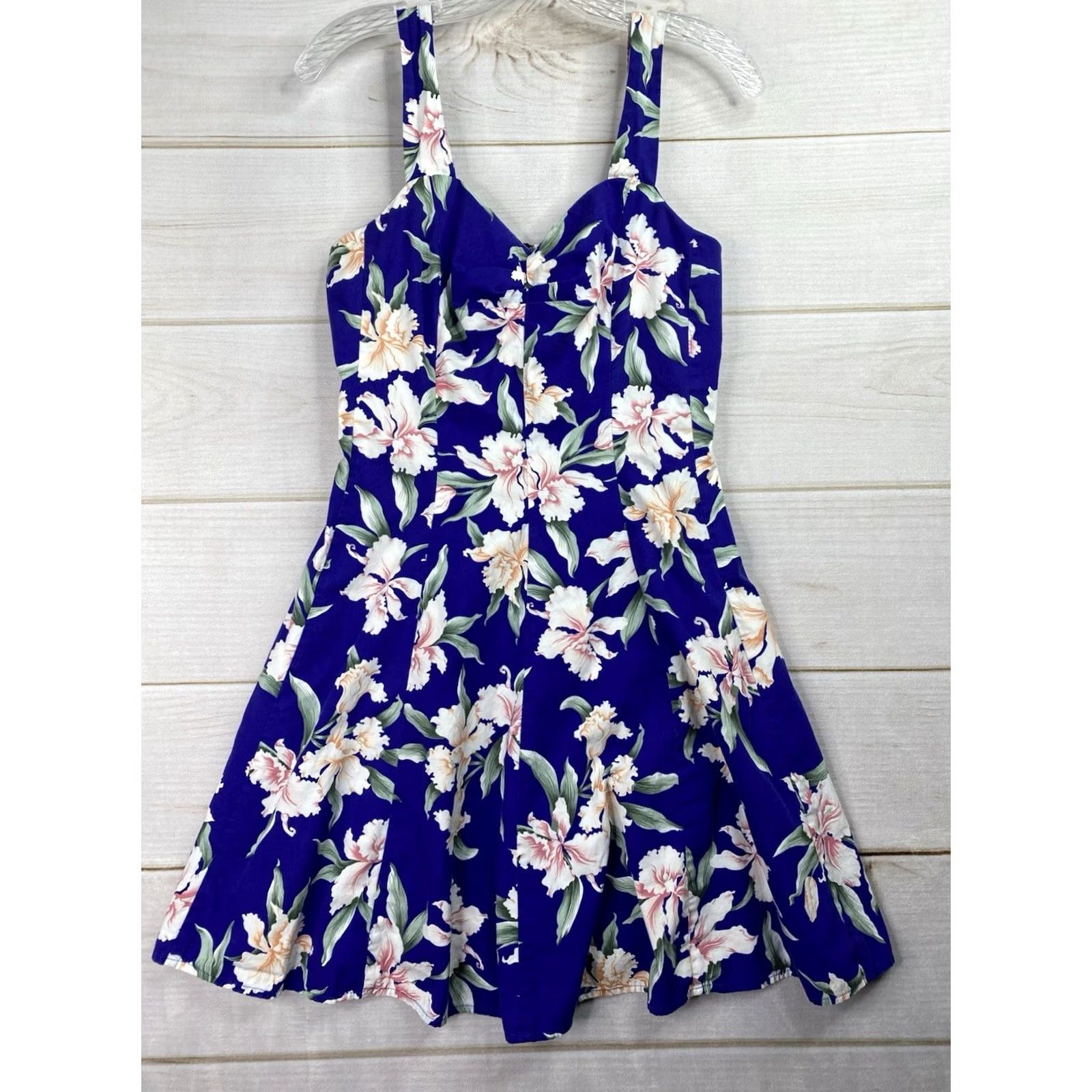 Vintage Royal Creations Dress M Blue Floral Hawaiian Sundress Fit Flare Pinup Smocked Shirt Dress? Size M / US 6-8 / IT 42-44 - 2 Thumbnail
