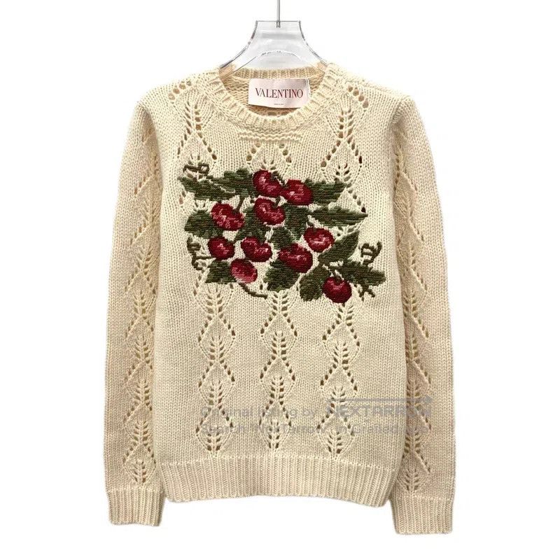 Valentino Valentino Beige cherry embroidered wool crew neck long sle Size S / US 4 / IT 40 - 1 Thumbnail