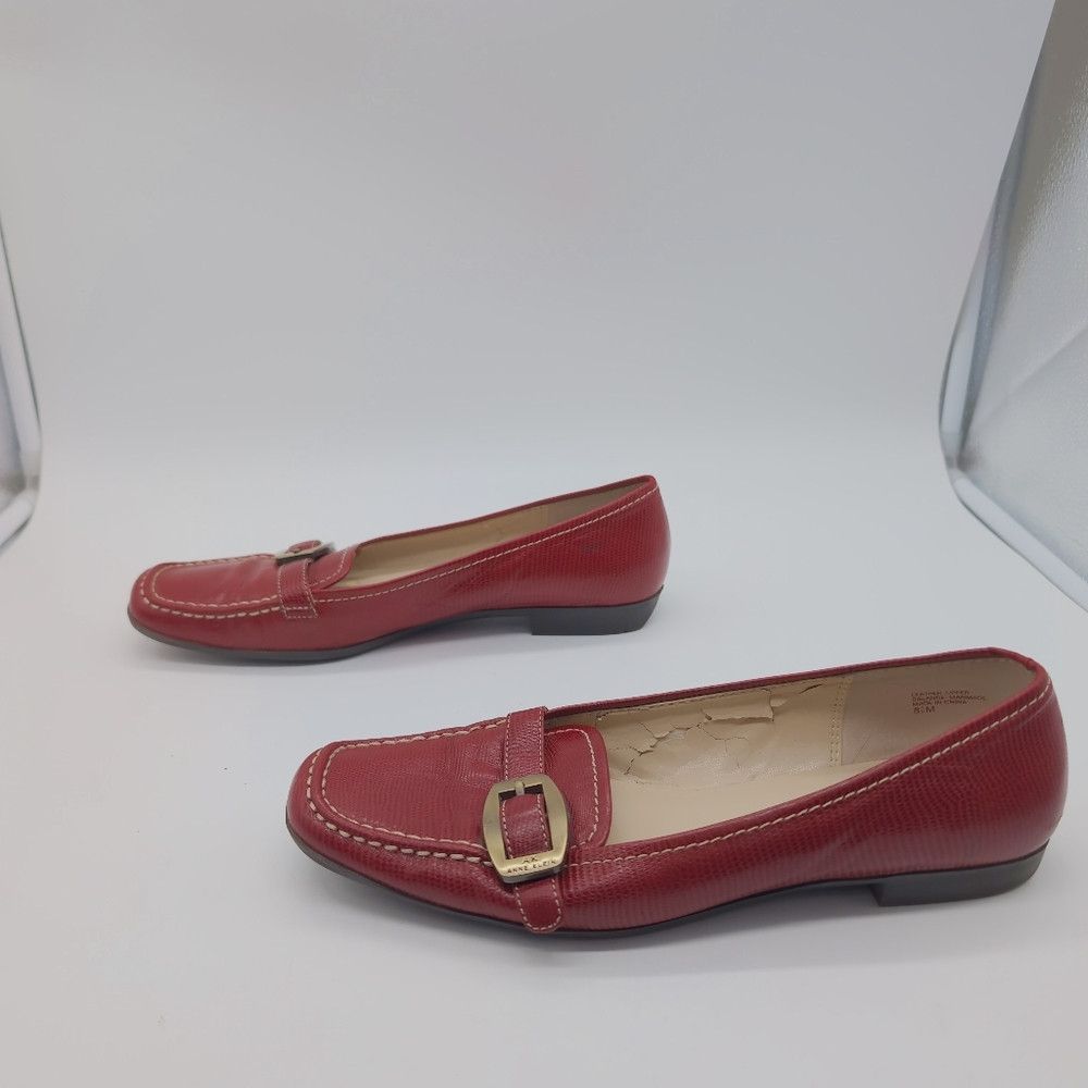 Anne Klein Elegant Red Leather Loafers with Buckle Detail Anne Klein Size US 8.5 / IT 38.5 - 3 Thumbnail