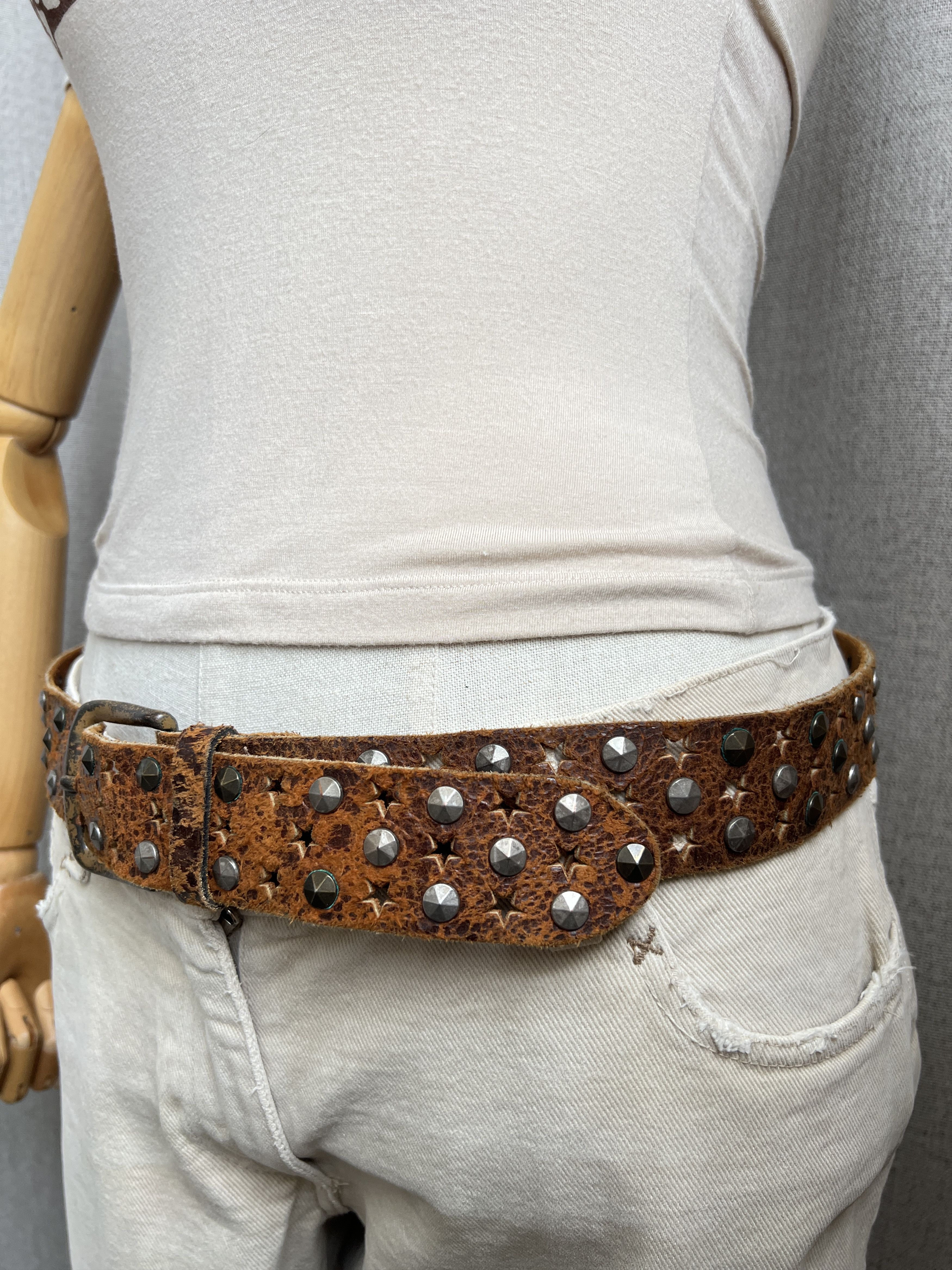 Vintage Y2K Brown Leather Rhinestones Studded Belt Size ONE SIZE - 4 Thumbnail