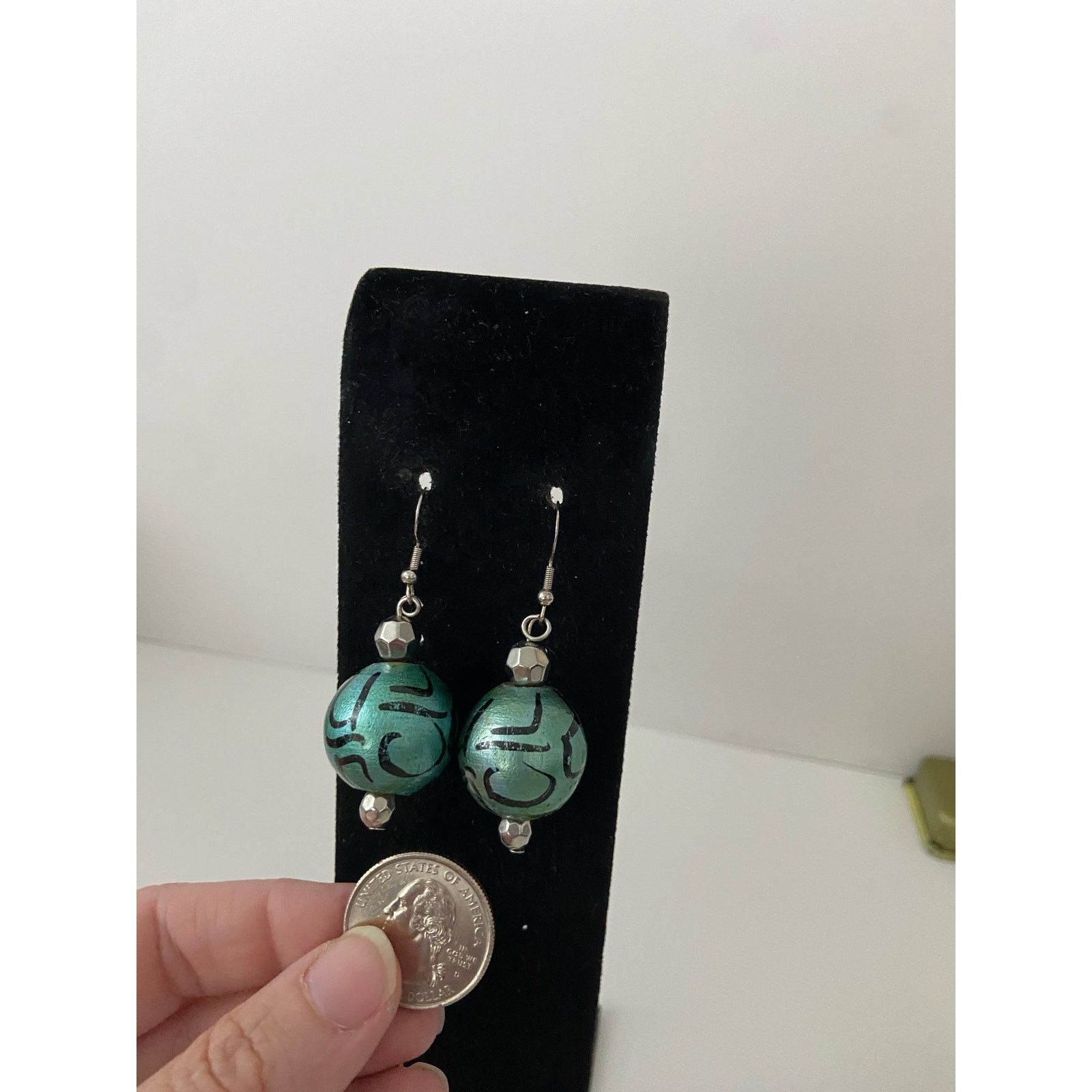 Handmade teal wood bead earrings Size ONE SIZE - 2 Thumbnail