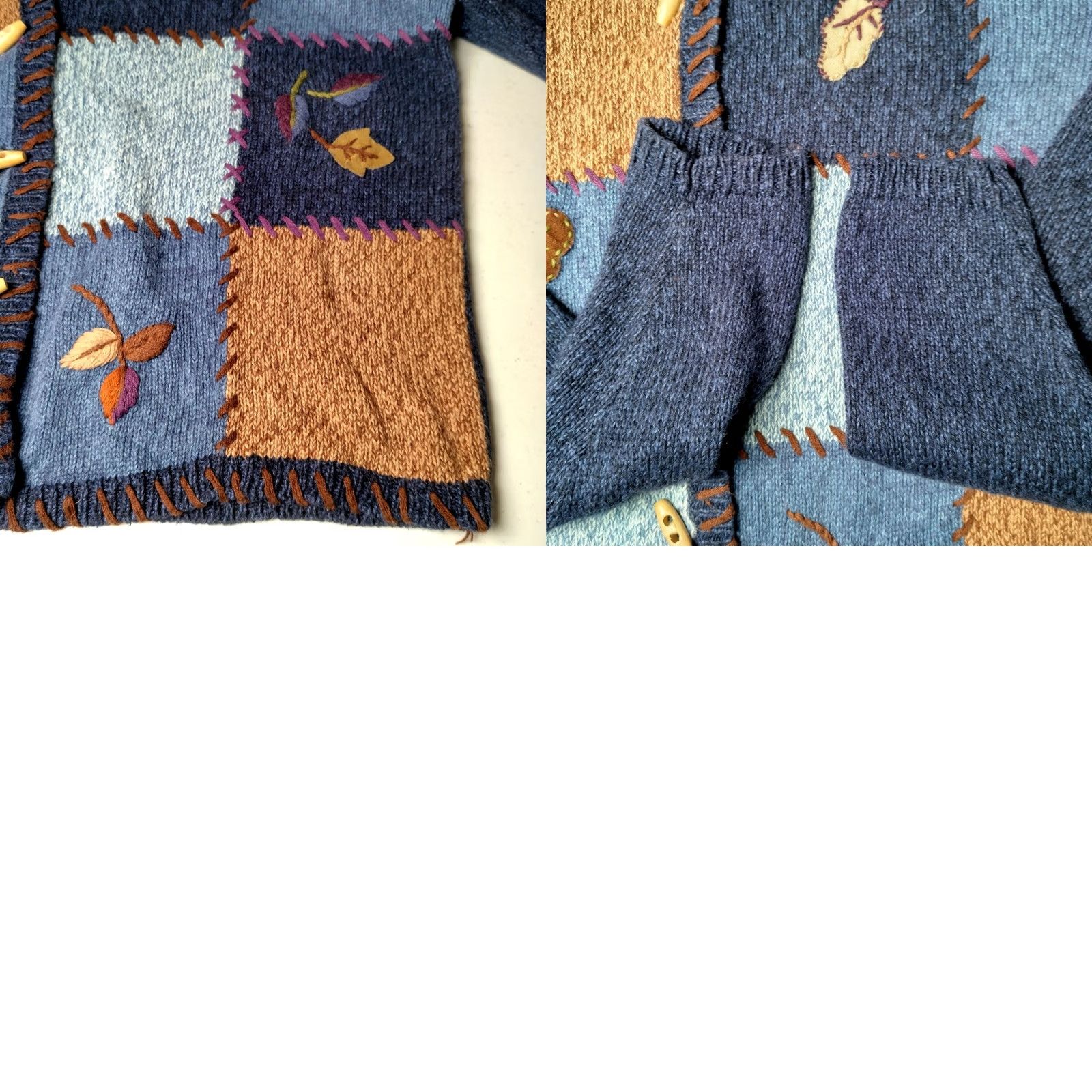 CO VINTAGE Erika And Co Cardigan Sweater Women L Patchwork Blue Brown Fall Leaves Leaf Size L / US 10 / IT 46 - 10 Thumbnail