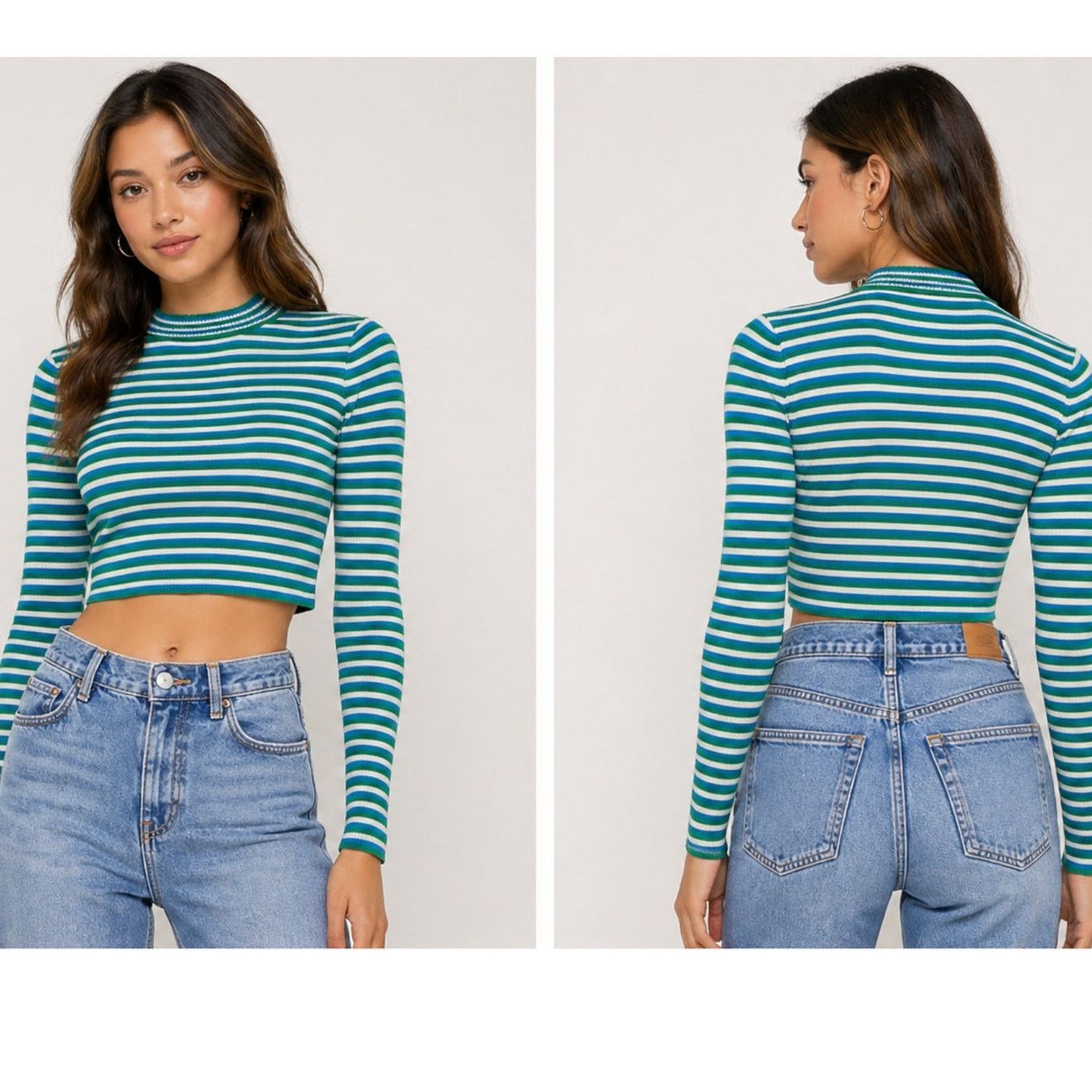 Other Silence + Noise Blue Green Striped Cropped Mock Knit Top S Size S / US 4 / IT 40 - 3 Thumbnail