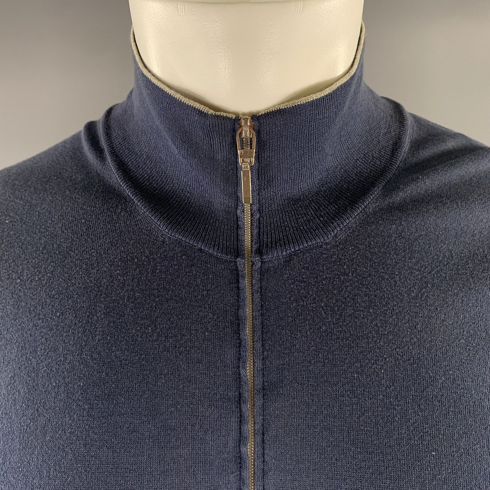 Brunello Cucinelli BRUNELLO CUCINELLI Navy Grey Cotton Zip Mock Neck Sweater Size US L / EU 52-54 / 3 - 2 Thumbnail