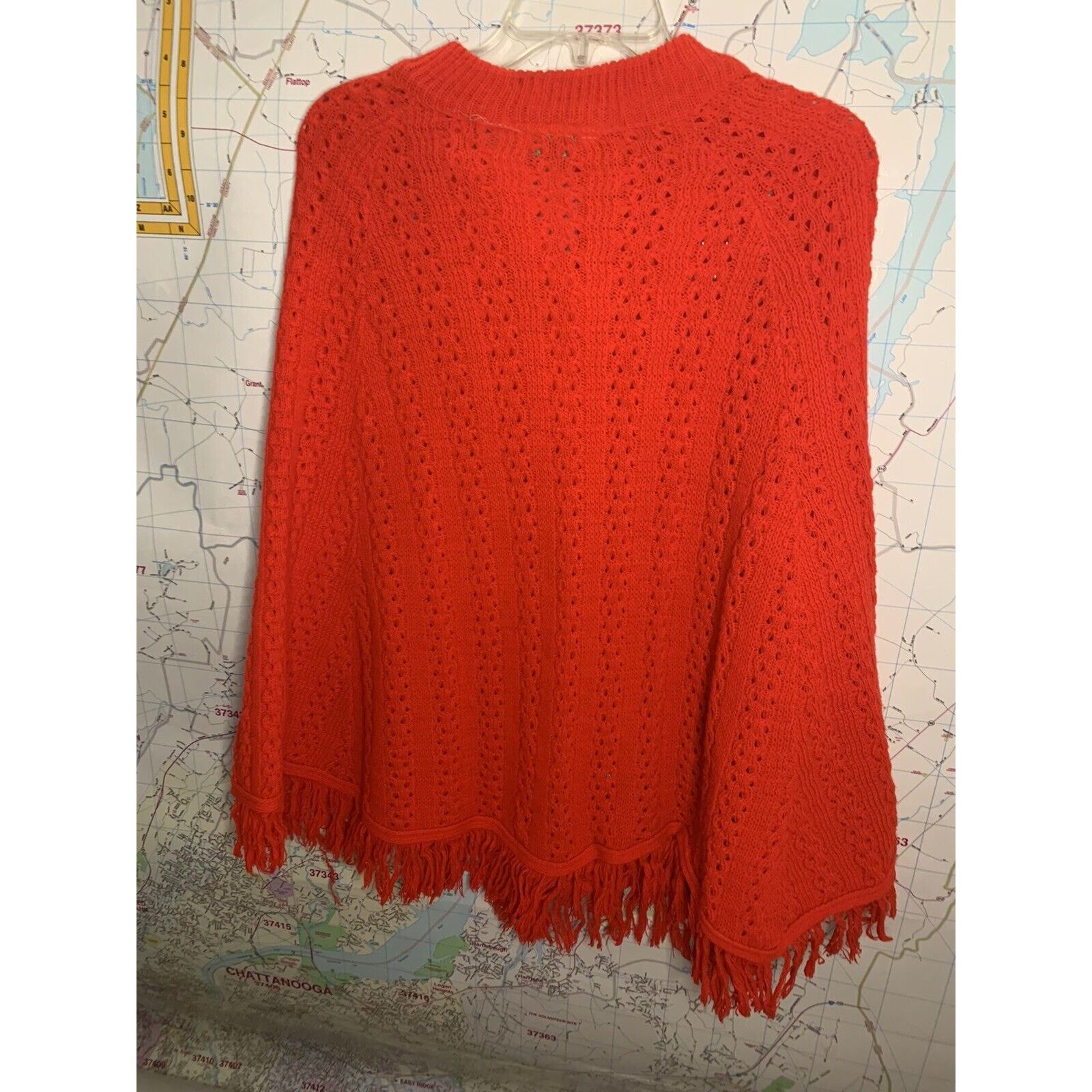 Vintage Vintage Glamour Knit Poncho Ladies Red Cape One Size Size ONE SIZE - 2 Thumbnail