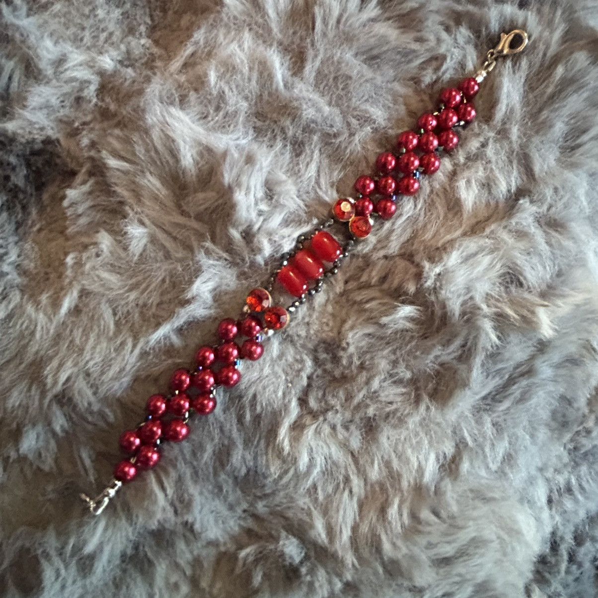 Handmade Handcrafted ruby red Czech glass pearl cat eye bracelet Size ONE SIZE - 6 Thumbnail