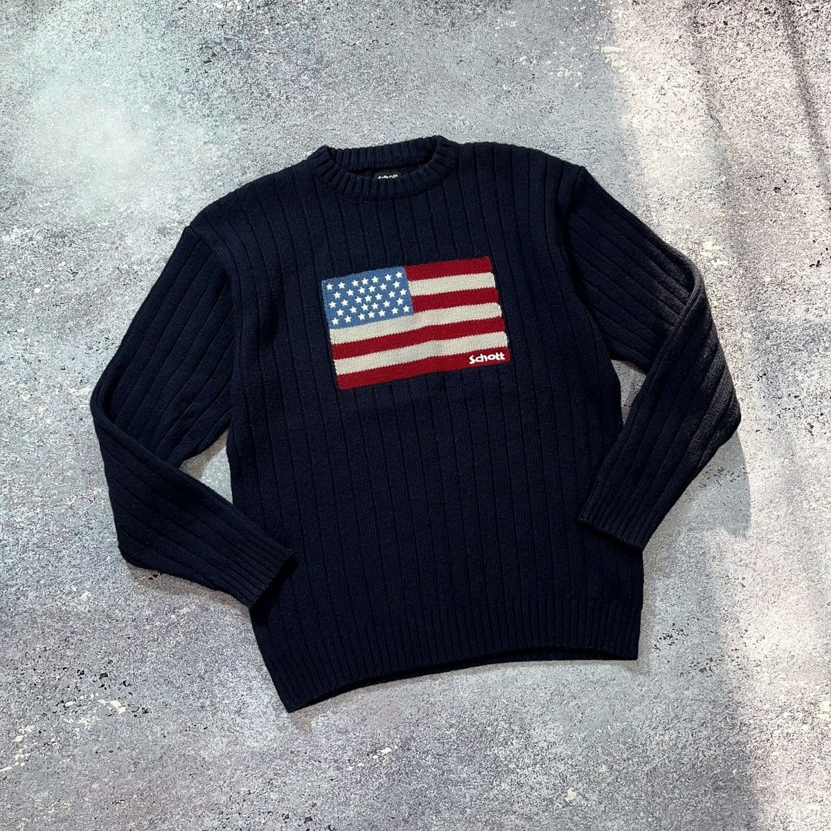 Schott × Vintage 90’s Schott N.Y.C. Big Logo American Flag Knit Sweaters Size US XL / EU 56 / 4 - 2 Thumbnail