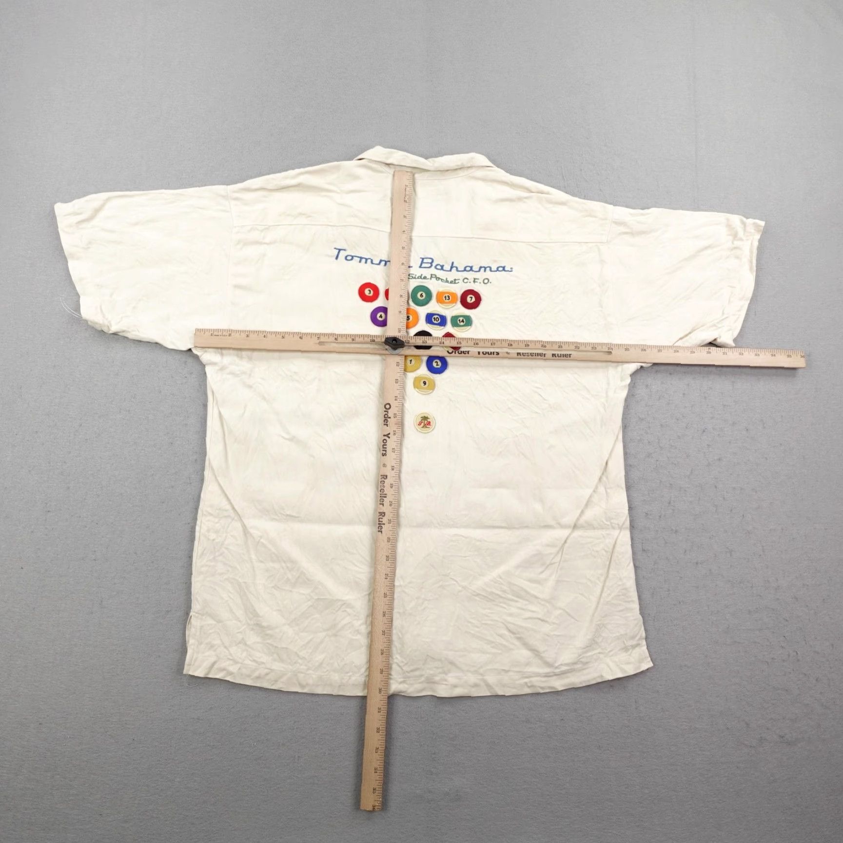 Tommy Bahama VINTAGE Tommy Bahama Shirt Mens 2XL Beige Silk Billiards Team Embroidered Camp Hawaiian Shirt Adult 2XL Beige Embroidered Billiards Camp Hawaiian Mens Size US XXL / EU 58 / 5 - 7 Thumbnail