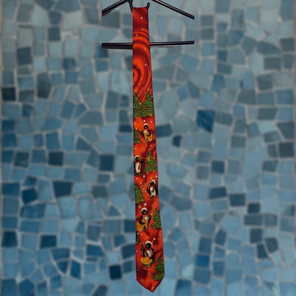 Vintage Jerry Garcia Necktie Men Tie Christmas Penguin Pattern Red Green Black White 57"-60" Classic Holiday Size ONE SIZE - 1 Thumbnail