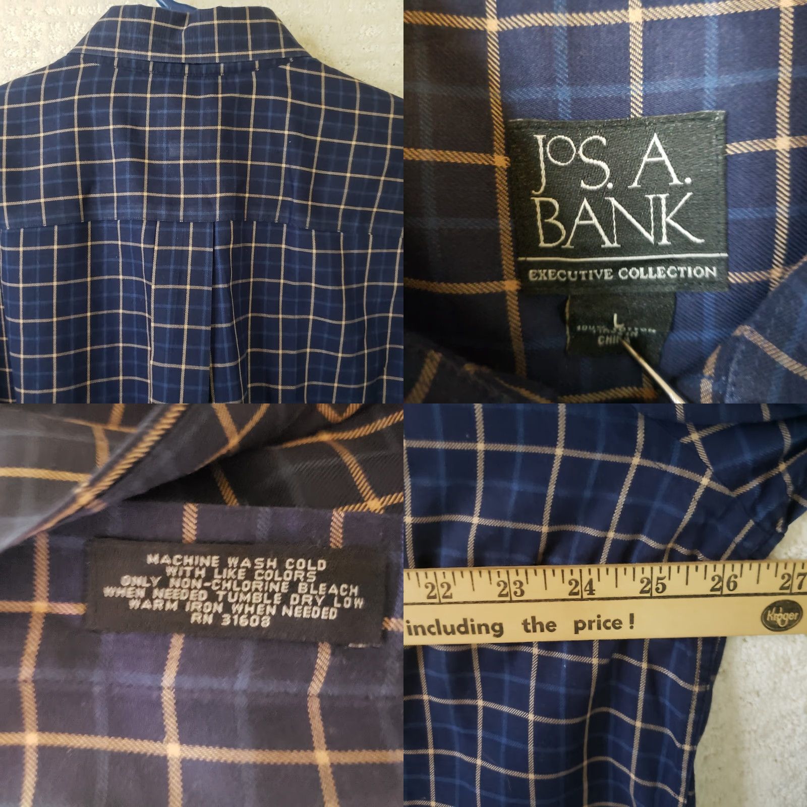 Jos. A. Bank Jos. A. Bank Executive Edition Mens L Button-Down Dress Shirt Plaid Blue Yellow 100% Cotton Convertible Cuff Long Sleeve Regular Fit Size 42R - 8 Thumbnail