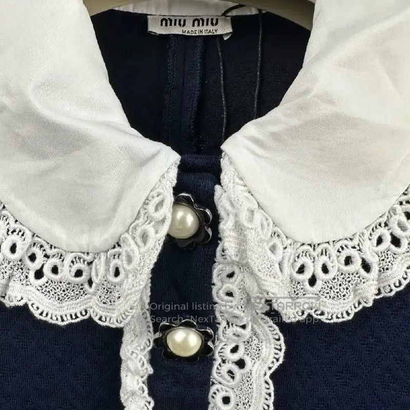 Miu Miu Miu Miu Dark Blue Cotton Dress with Lace Collar . Size M / US 6-8 / IT 42-44 - 3 Thumbnail