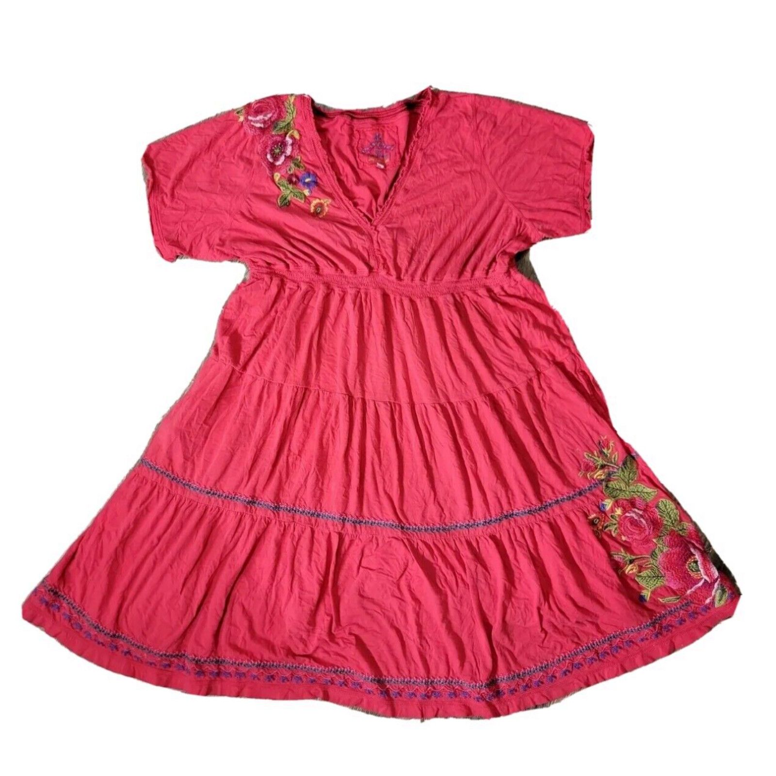 image of Jw Johnny Was Women's Plus Size 1X Floral Embroidered Boho Red Dress Read in White