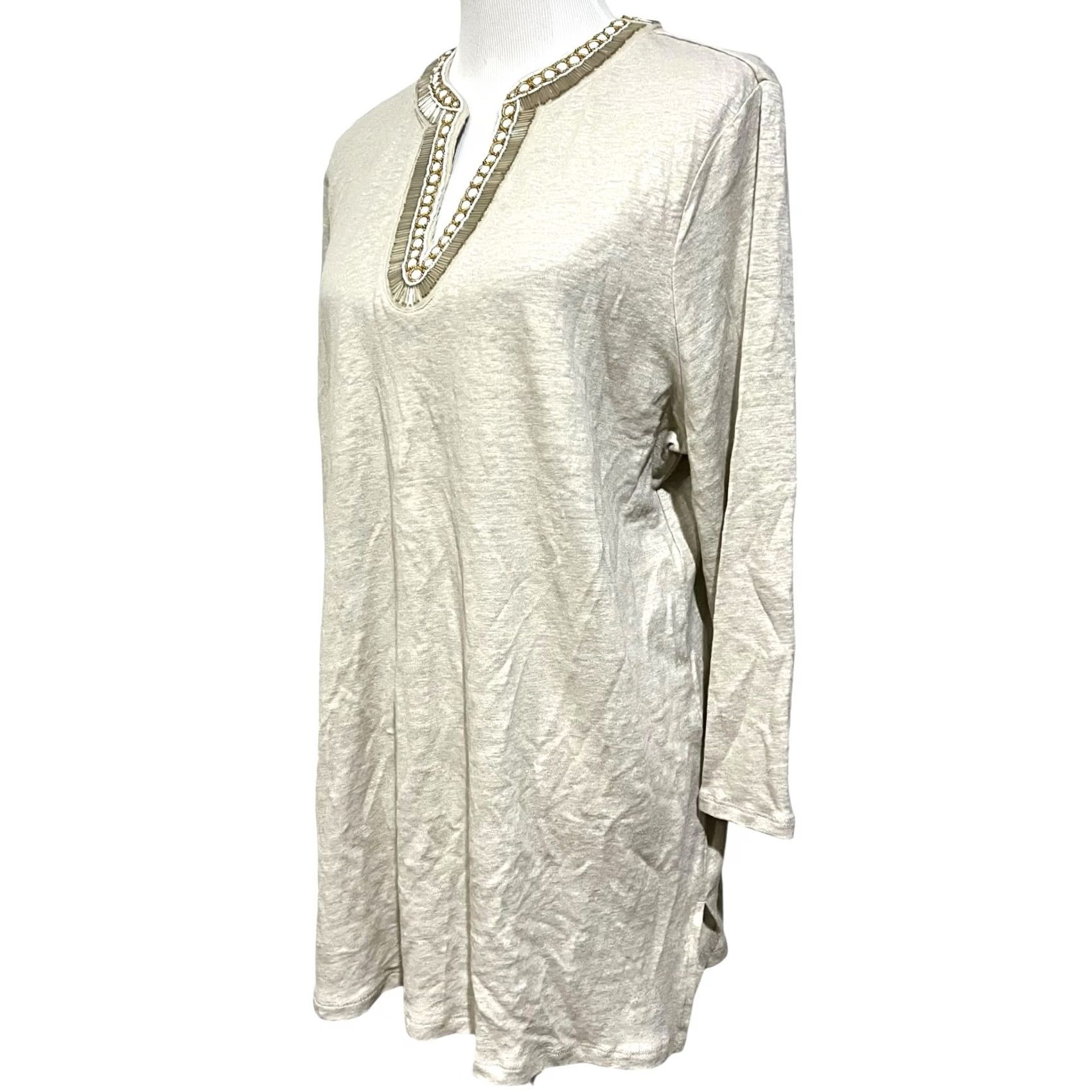 Vintage VINTAGE Chico’s Blouse 3 XL Linen Tunic Beaded Split Neck 3/4 Sleeve Top Beige Mens? Size XL / US 12-14 / IT 48-50 - 3 Thumbnail
