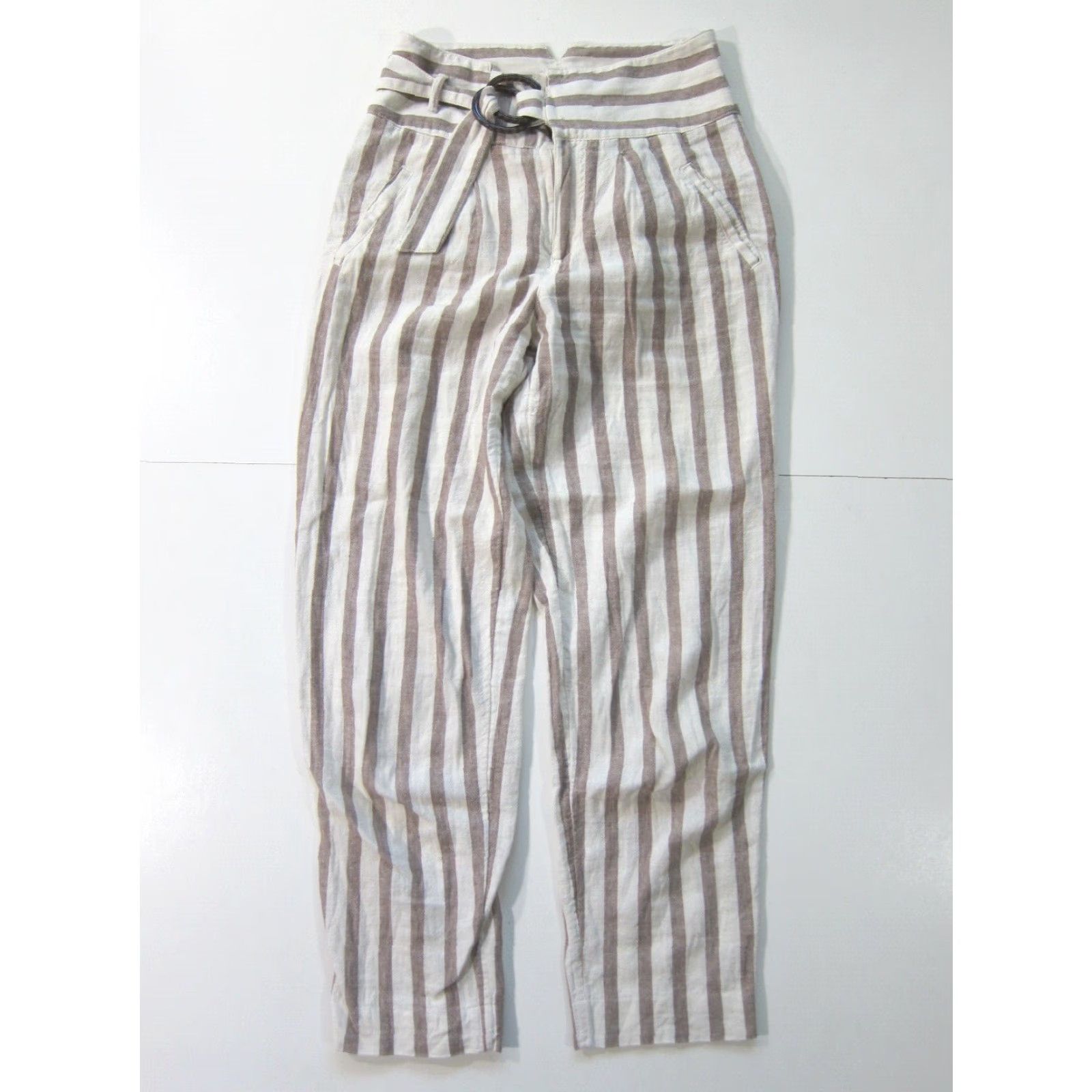 Anthropologie By Anthropologie Linen Cotton White Brown Stripe High Rise Pocket Chino Pant 0 Size 25" / US 0 / IT 36 - 7 Thumbnail