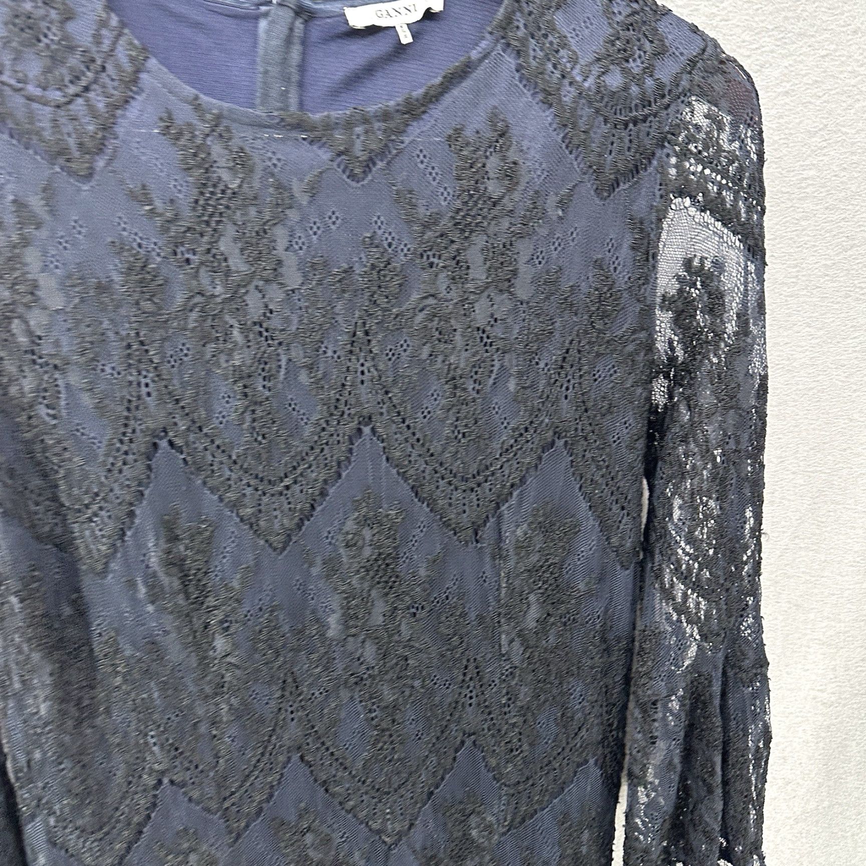Ganni GANNI Women Dress Shift XS Lace Floral Bohemian 2020s Drop Waist Short Sleeve Navy Blue Size XS / US 0-2 / IT 36-38 - 5 Thumbnail