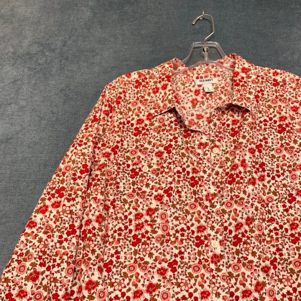 Old Navy Old Navy Shirt Womens Large Beige Red Floral Cotton Streetwear Travel Button Up Size L / US 10 / IT 46 - 4 Thumbnail