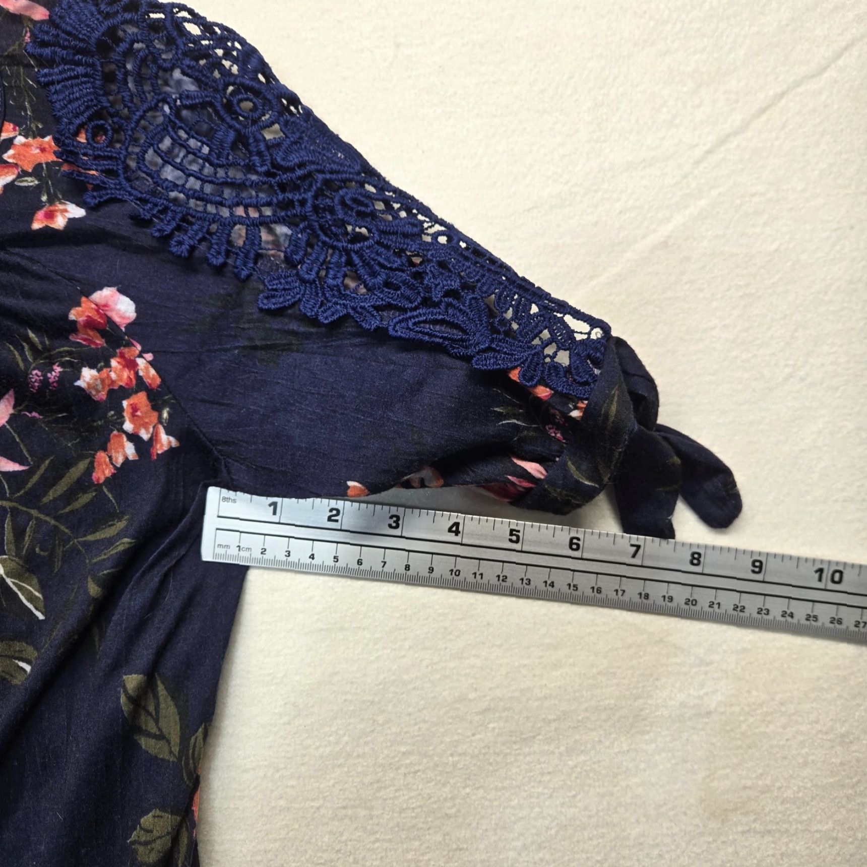 Vintage New York Laundry Blouse Navy Blue Pink Floral Top Doily Lace Sleeves Women's Med Shirt Size M / US 6-8 / IT 42-44 - 5 Thumbnail