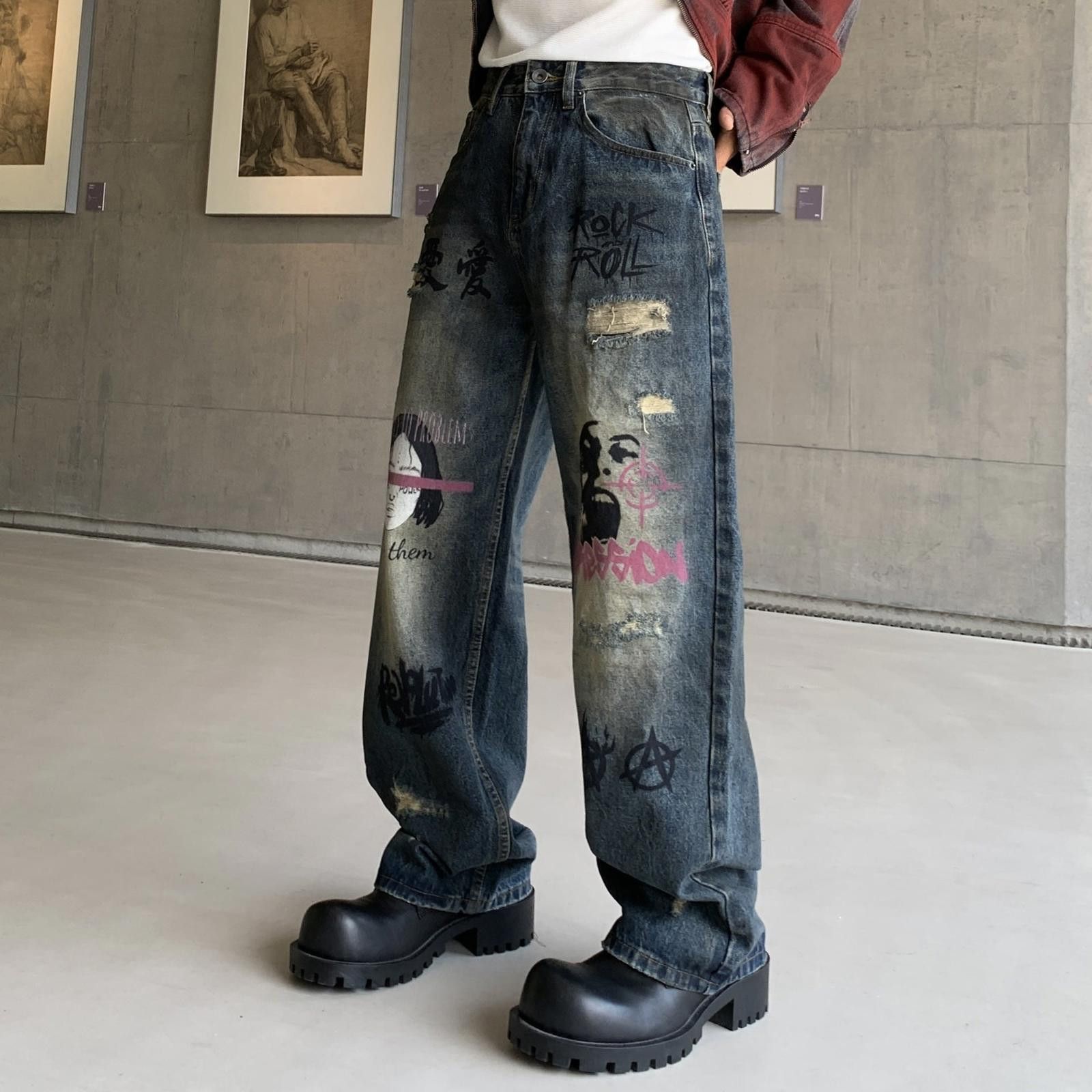 Japanese Brand Distressed Relaxed Fit Graffiti Jeans, Baggy Denim Size US 32 / EU 48 - 3 Thumbnail