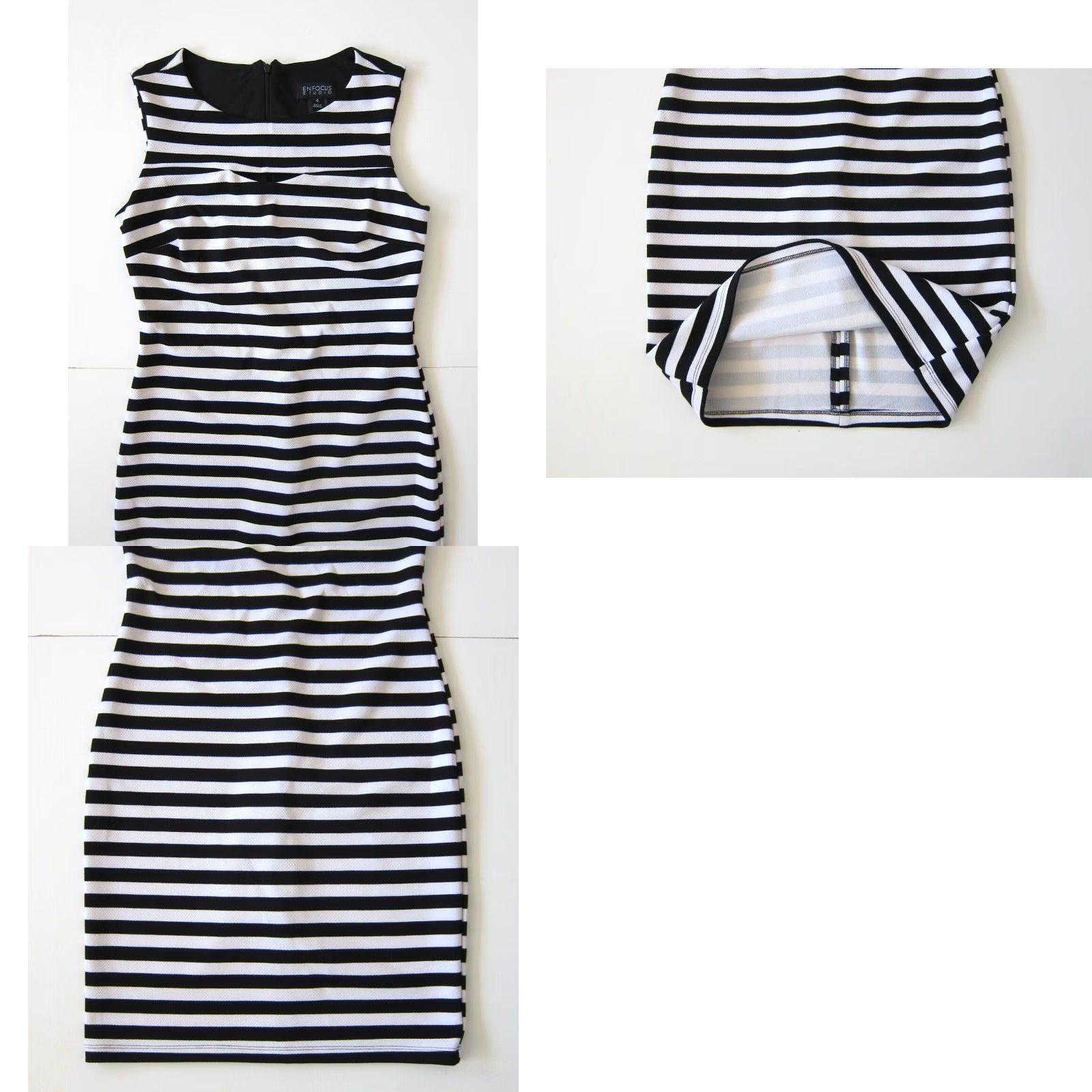 Vintage En Focus Studio Dress Sleeveless A-Line Sheath Stretch Black White Stripe Knee Length 4 Women's Size S / US 4 / IT 40 - 8 Thumbnail