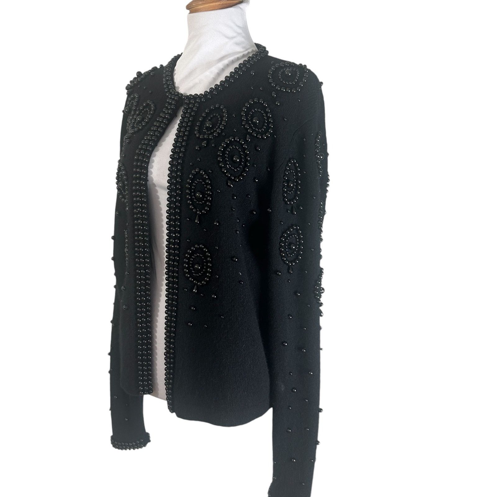 Vintage Vintage 1980s Black Wool Beaded Cardigan Sweater Large Size L / US 10 / IT 46 - 3 Thumbnail