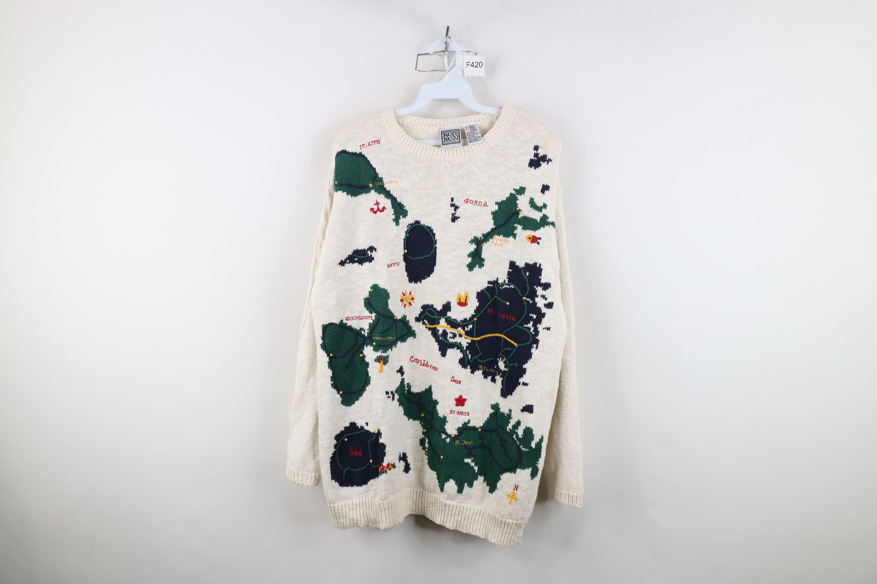 Vintage Vintage 90s Streetwear Island Map Knit Crewneck Sweater Size L / US 10 / IT 46 - 1 Thumbnail