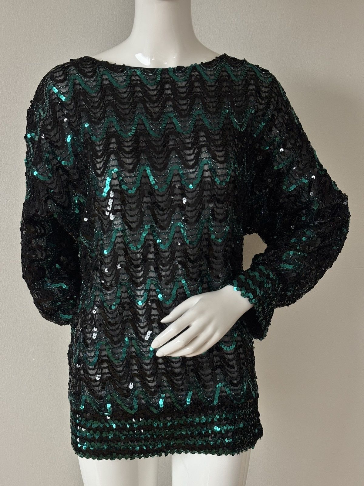 Givenchy Vintage Givenchy Sequin Top 80s Black Green Statement Blouse Size M / US 6-8 / IT 42-44 - 2 Thumbnail