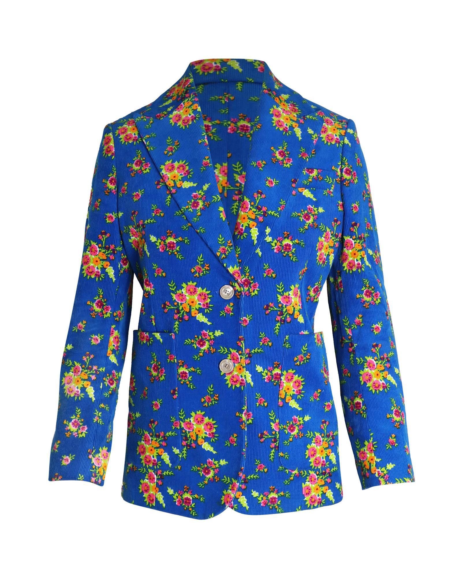 image of Gucci Floral Print Blazer Jacket In Blue Cotton, Women's (Size Small)