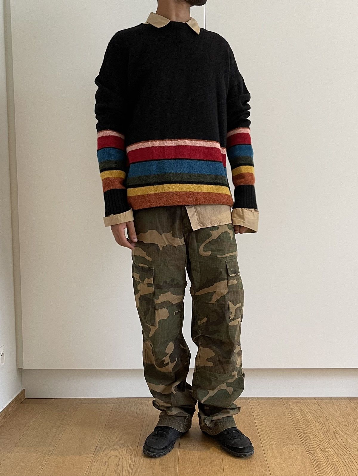 Prada Prada 2018 Black Oversized Sweater With Colourful Stripes Size US L / EU 52-54 / 3 - 1 Thumbnail