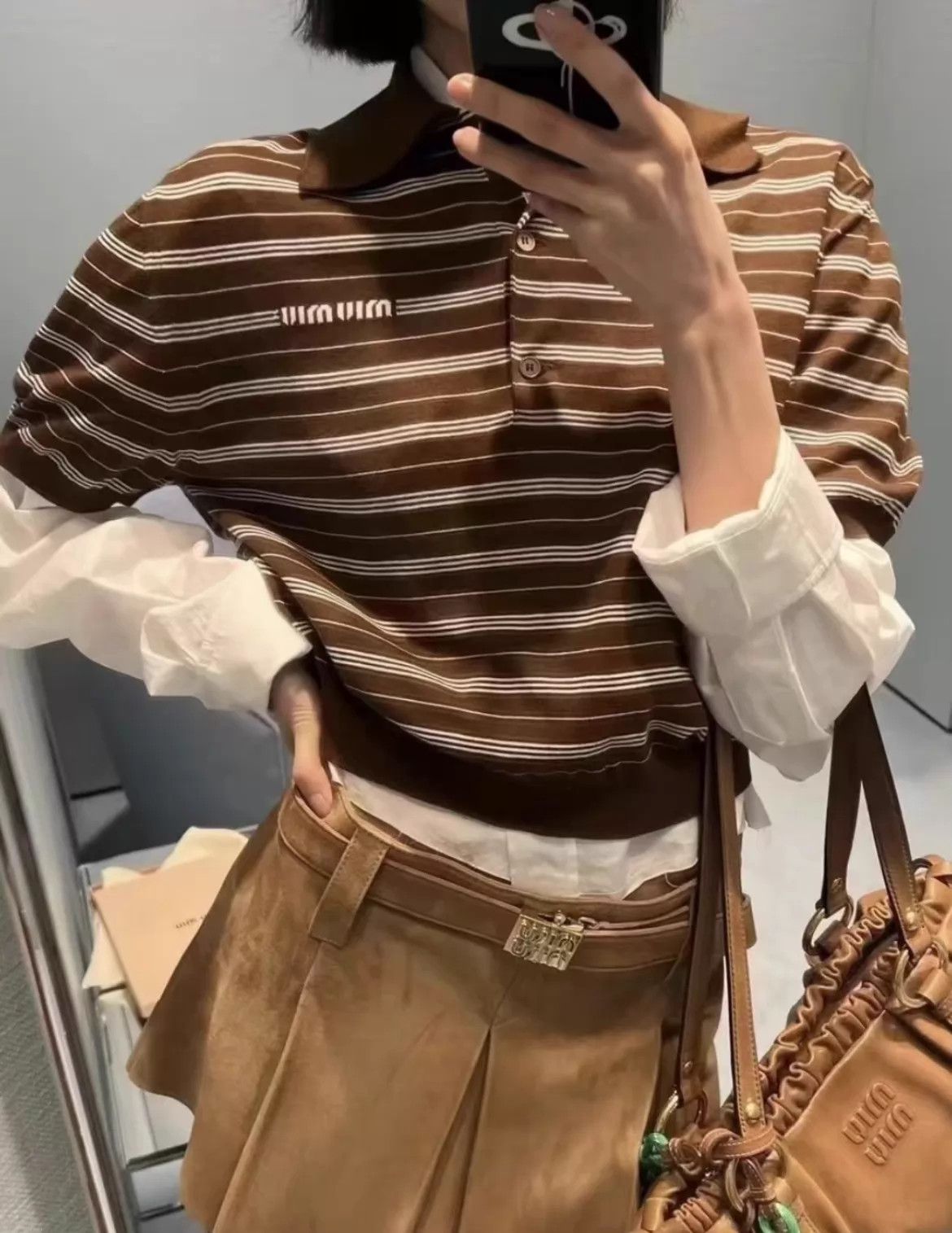 Miu Miu MIU MIU Brown Stripe Short Polo Knit Top Size XS / US 0-2 / IT 36-38 - 1 Thumbnail
