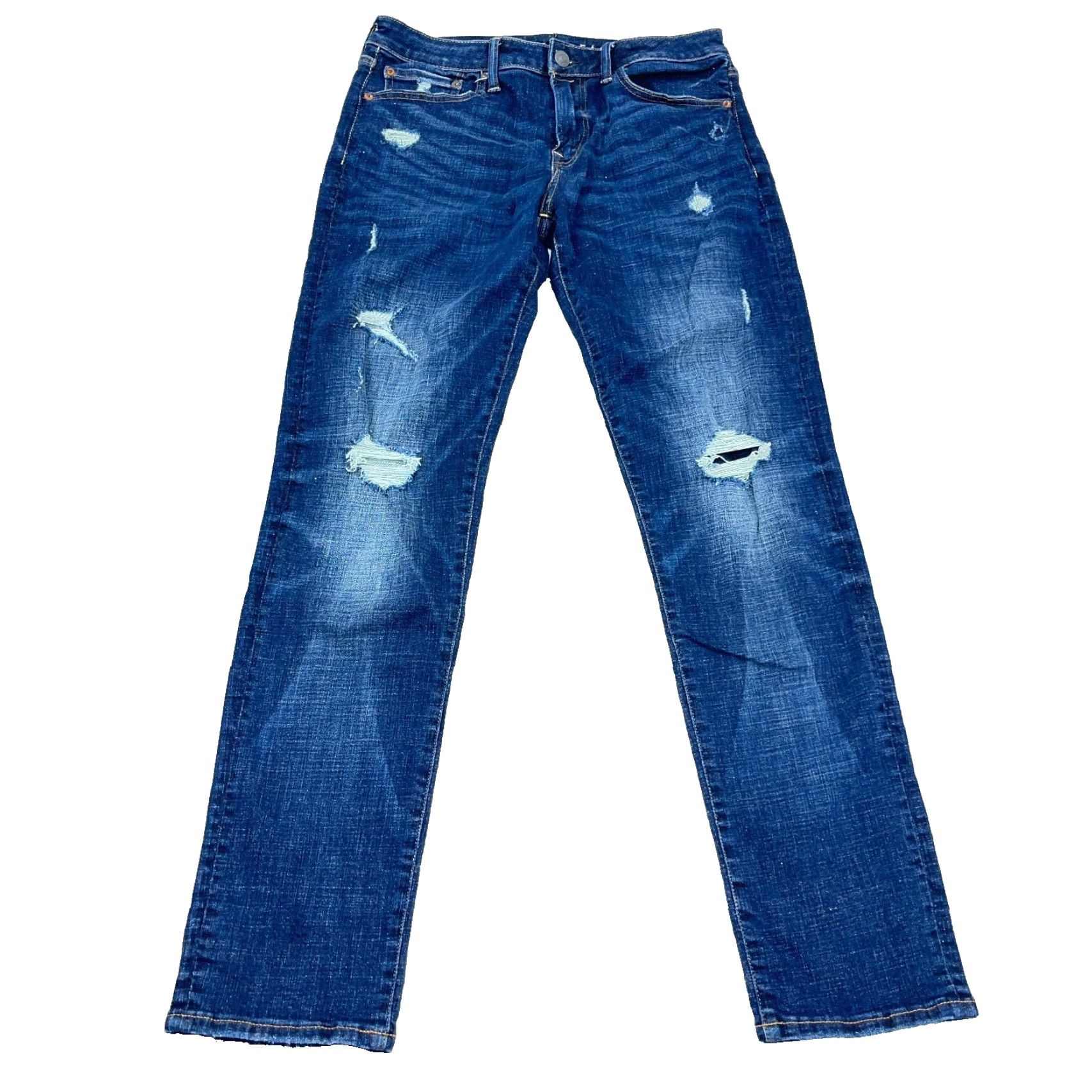 American Eagle Outfitters American Eagle Jeans Men 30x34 Athletic Skinny Dark Wash Whiskered Denim Cotton 5-Pocket Zipper Button Logo Flattering Fit Mens Size US 30 / EU 46 - 2 Thumbnail