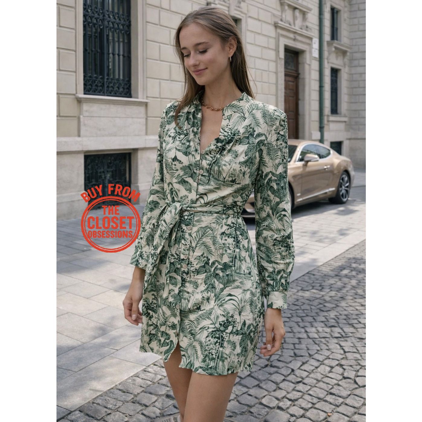 ZARA Green Printed Belted Dress NWT
