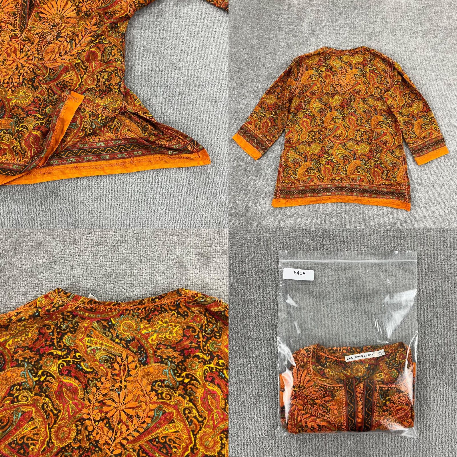 Vintage GRETCHEN SCOTT Shirt Women XS Orange Floral Embroidered Blouse Oversized Art Slit Casual Sleeve 3/4 Size XS / US 0-2 / IT 36-38 - 8 Thumbnail