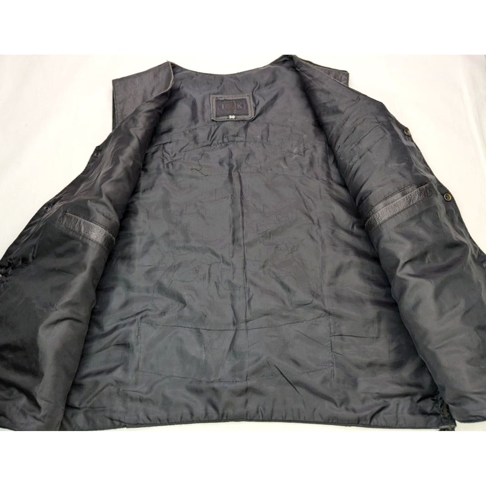 Vintage IK VTG Leather Motorcycle Riding Vest Men 50 Black Lace Pocket Snap Front Mid-Length Vest Mens Leather IK Size US M / EU 48-50 / 2 - 5 Thumbnail