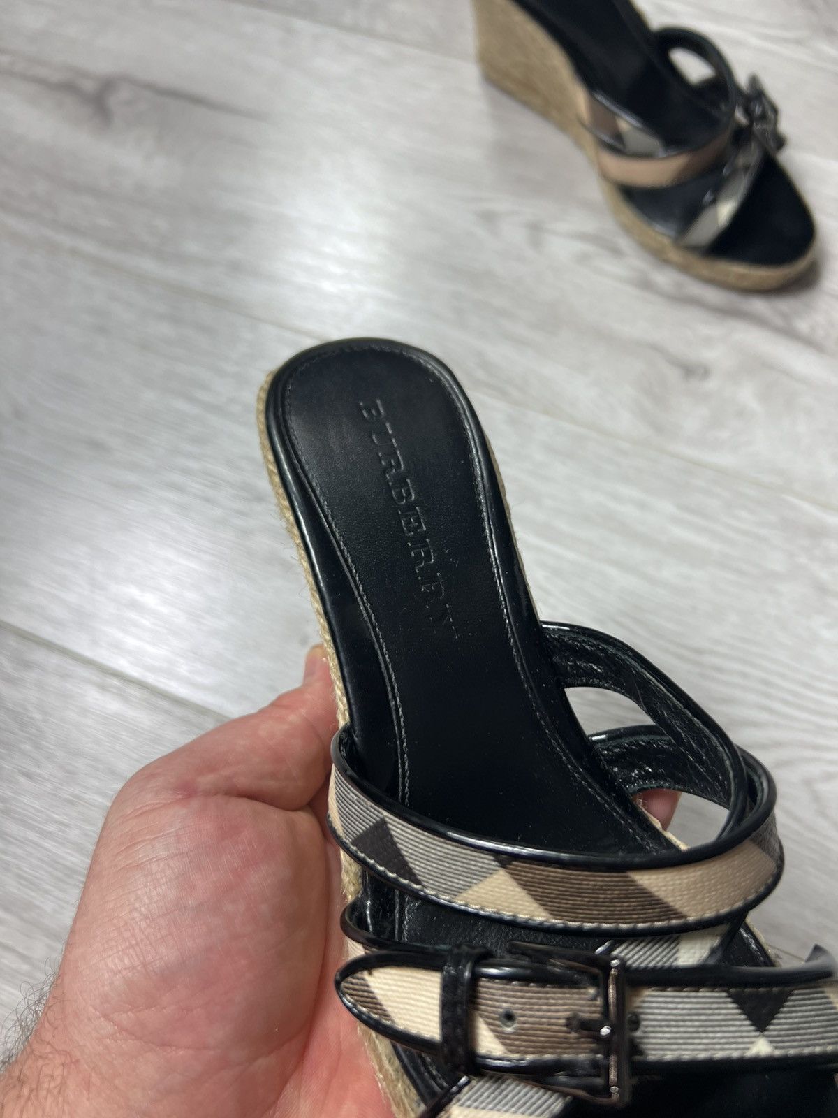 Burberry Women’s Nova Check Leather Wedge Espadrille Sandals