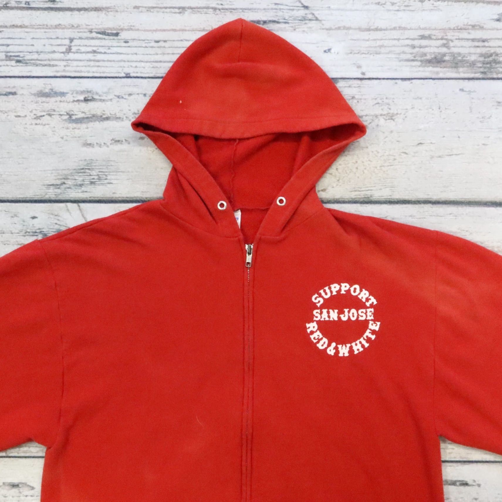 Jerzees Vintage Hells Angel Support Red and White 81 San Jose Zip Up Hoodie Sweatshirt Hoodie M Red Mens Size US M / EU 48-50 / 2 - 5 Thumbnail