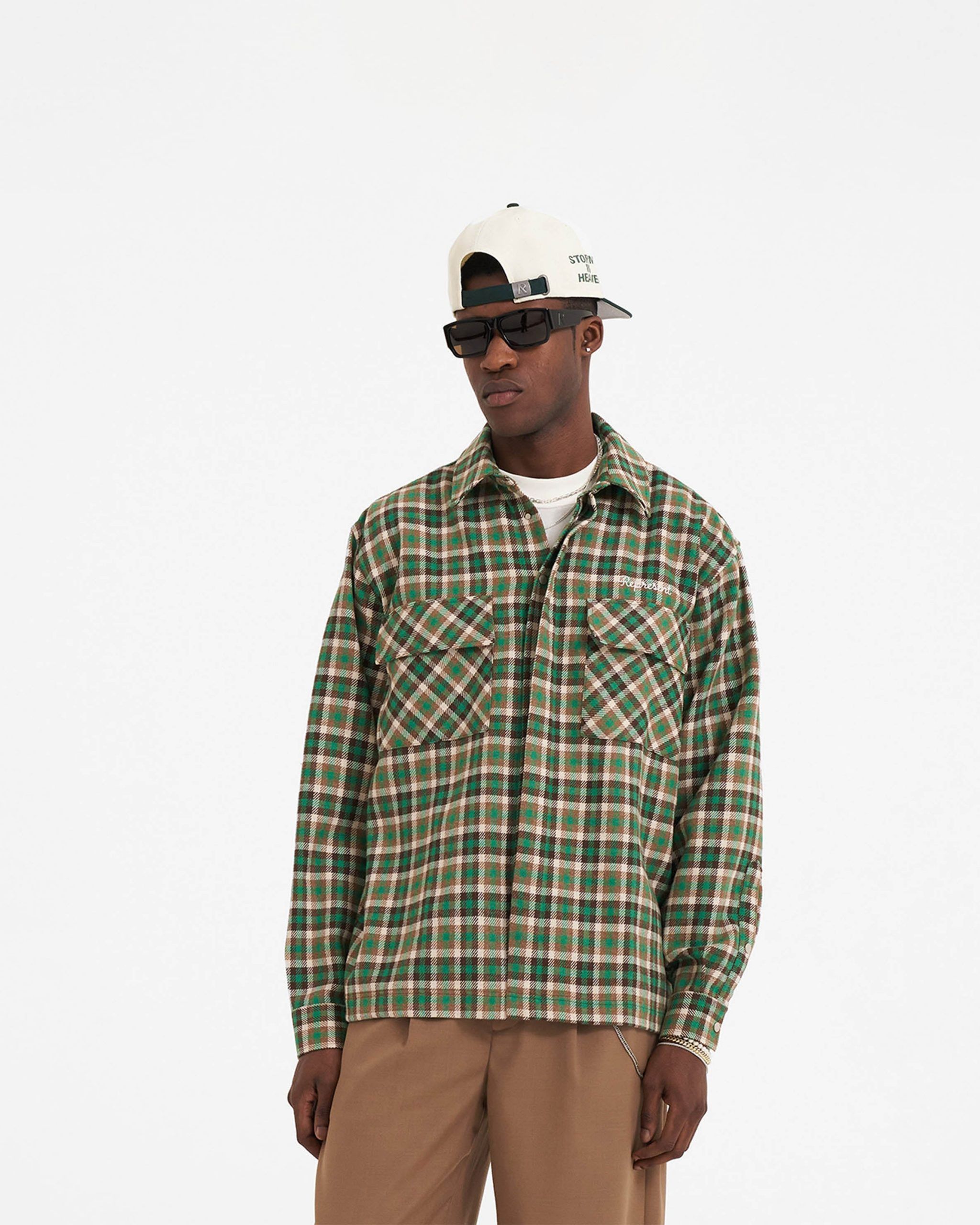 image of Represent Clo Racing Green Plaid-Check Button Flannel Shirt, Men's (Size XL)