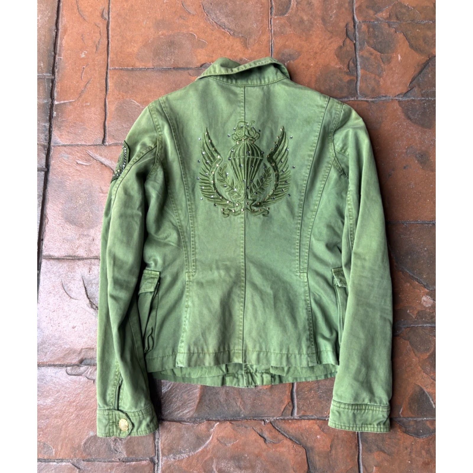 Vintage VINTAGE Kitson Military Jacket Women’s M Green Rhinestone Military Utilitarian Cotton Denim Short Sleeve? ( Note: This is no longer accurate. ) Size M / US 6-8 / IT 42-44 - 2 Thumbnail