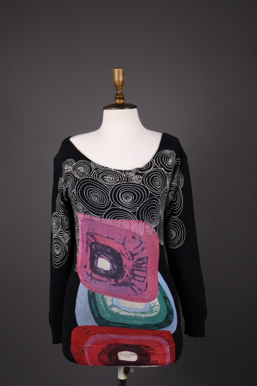 Designer Desigual Black Boat Neck Geometric Print Sweater Size S Size S / US 4 / IT 40 - 1 Thumbnail