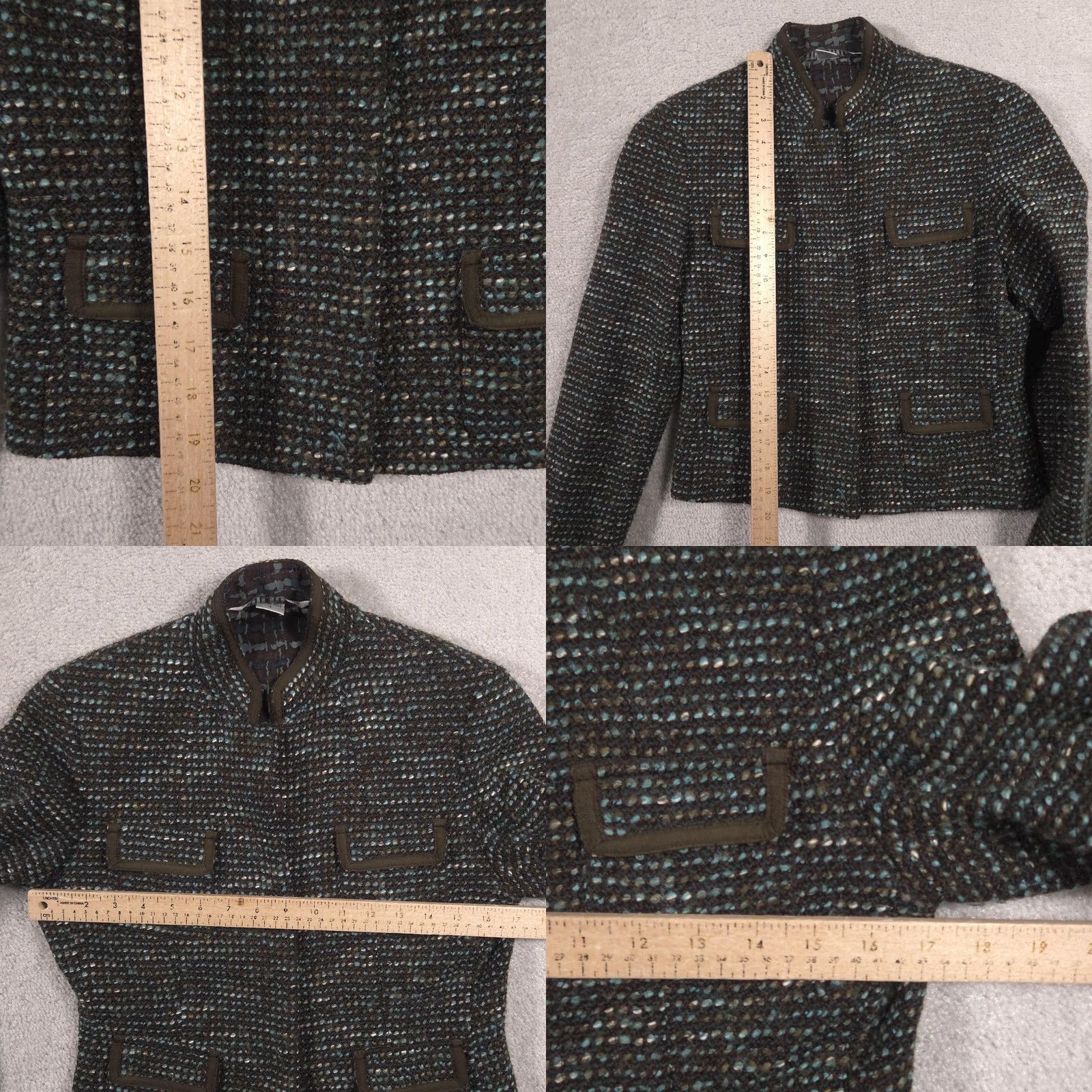 Vintage Peter Nygard Blazer Womens 4 Green Tweed Silk Lined Button Front Short Jacket Size 27" / US 4 / IT 40 - 8 Thumbnail
