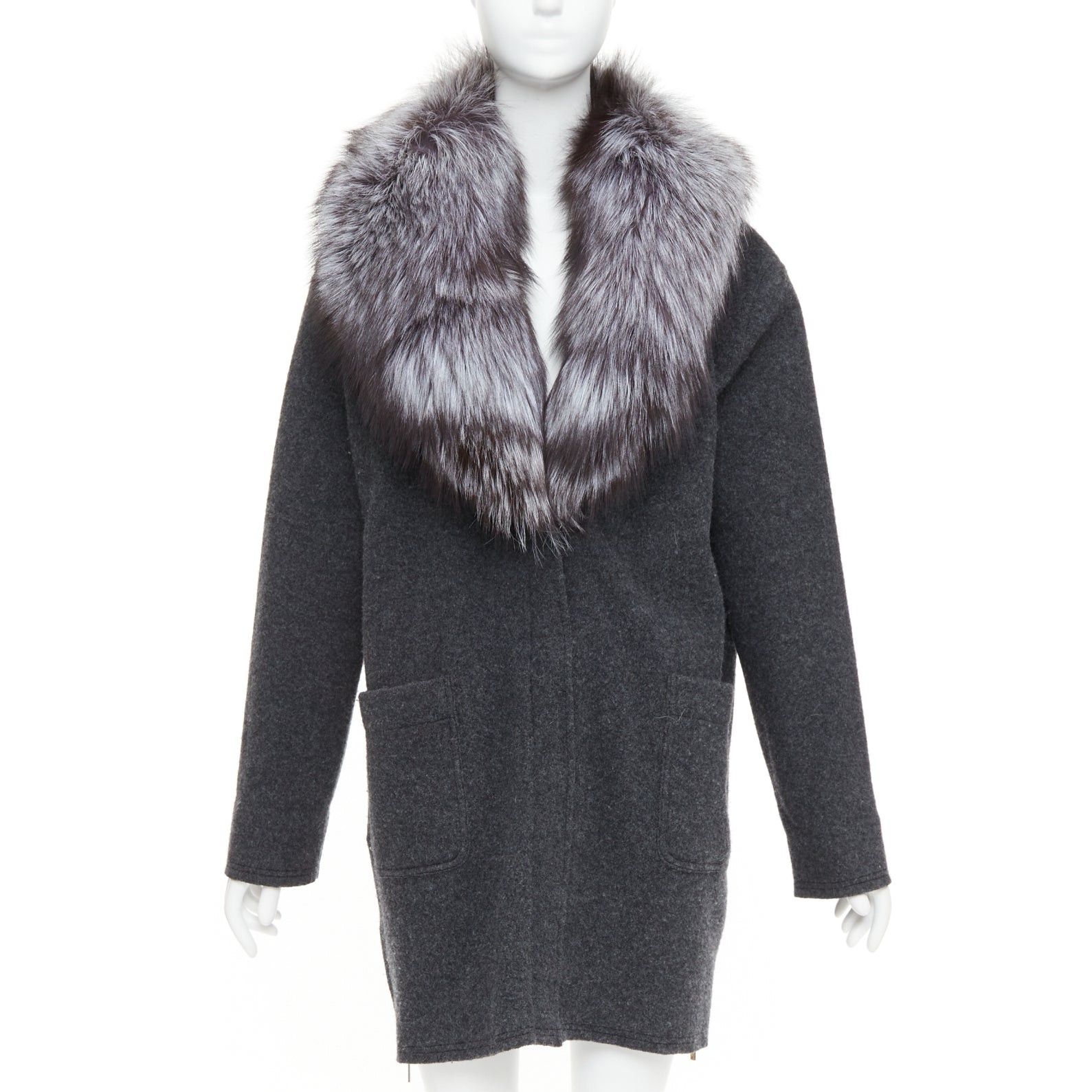 Michael Kors MICHAEL KORS COLLECTION grey fur collar dark grey wool side zip coat Size L / US 10 / IT 46 - 1 Thumbnail