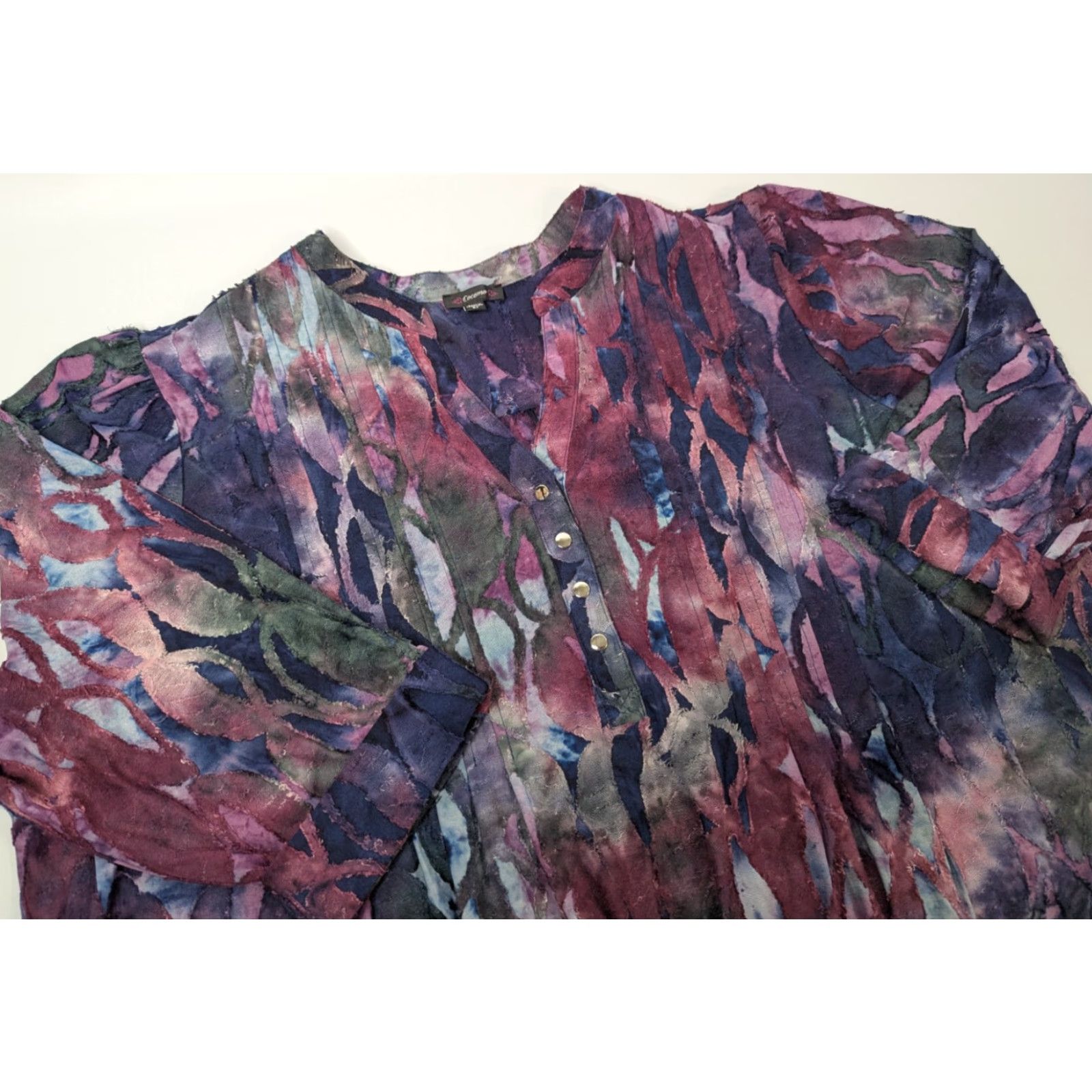 Vintage Cocomo Purple Abstract 3/4 Roll Tab Sleeve Button Top V-Neck Henley 5X Plus Size Women Blouse Size XXL / US 16-18 / IT 52-54 - 2 Thumbnail