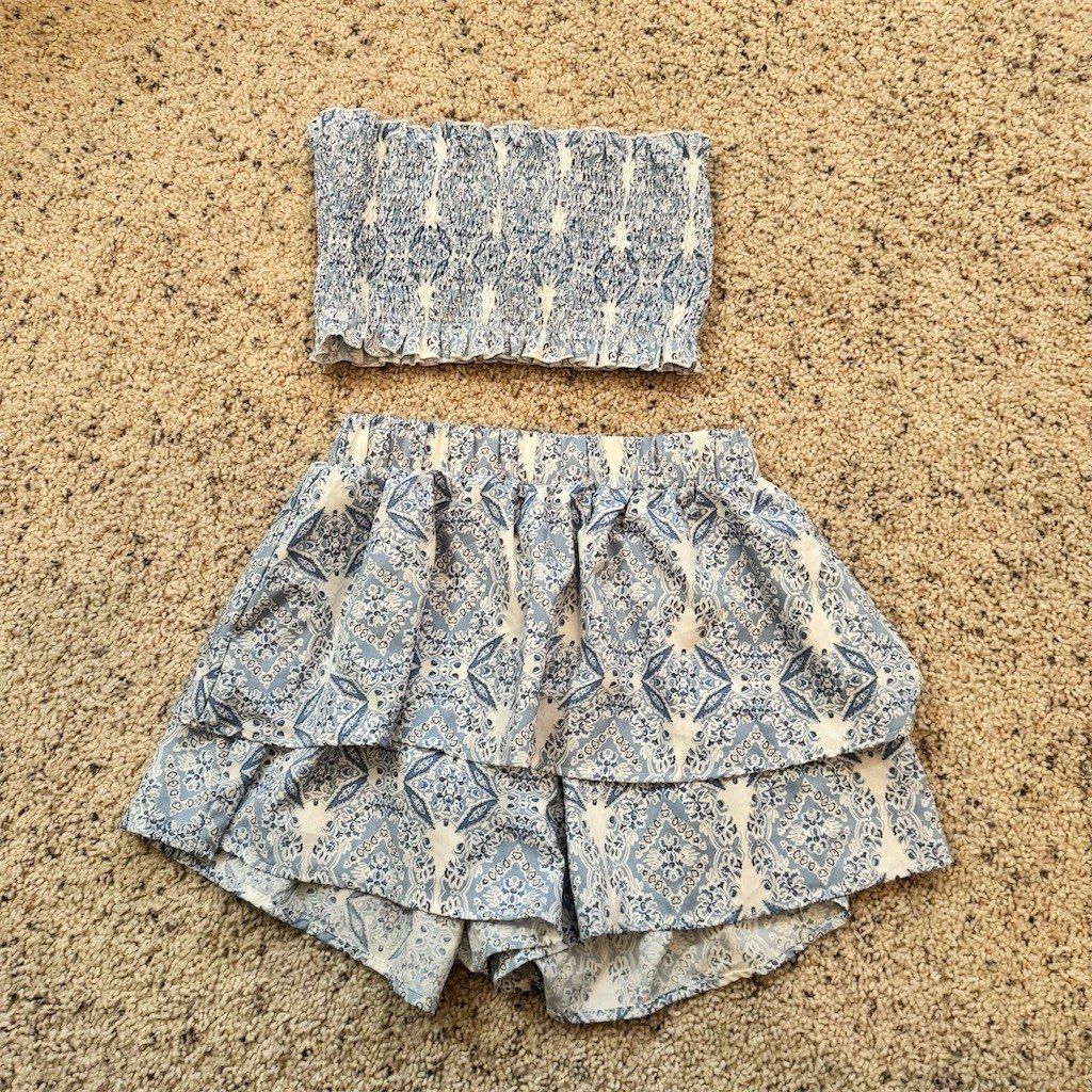 Shein SHEIN 2-Piece Set Womens Size S Blue Tile Print Bandeau Top Size S / US 4 / IT 40 - 2 Thumbnail