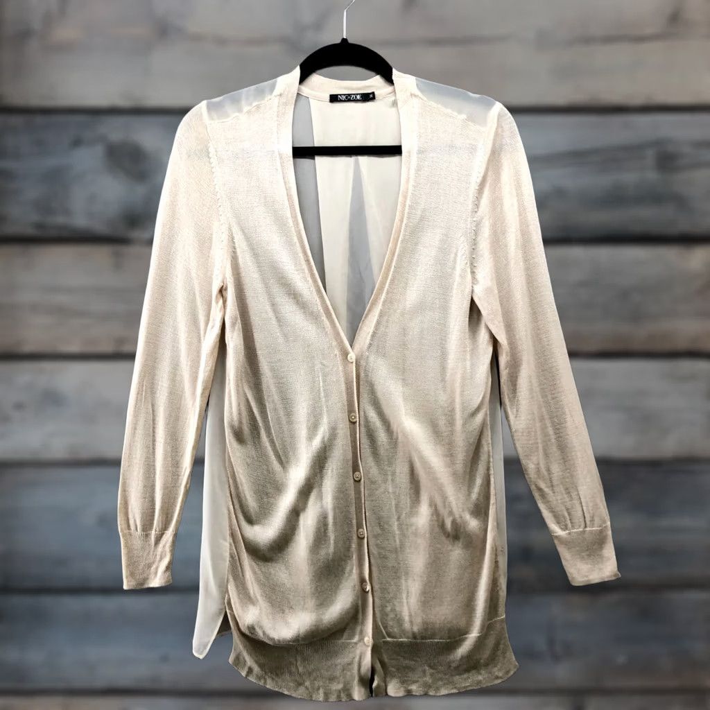 NIC+ZOE Nic+Zoe Cardigan Womens M Cream Button Front Chiffon Lightweight Knit Long Sleeve V-Neck Solid Vintage: No Size M / US 6-8 / IT 42-44 - 1 Thumbnail
