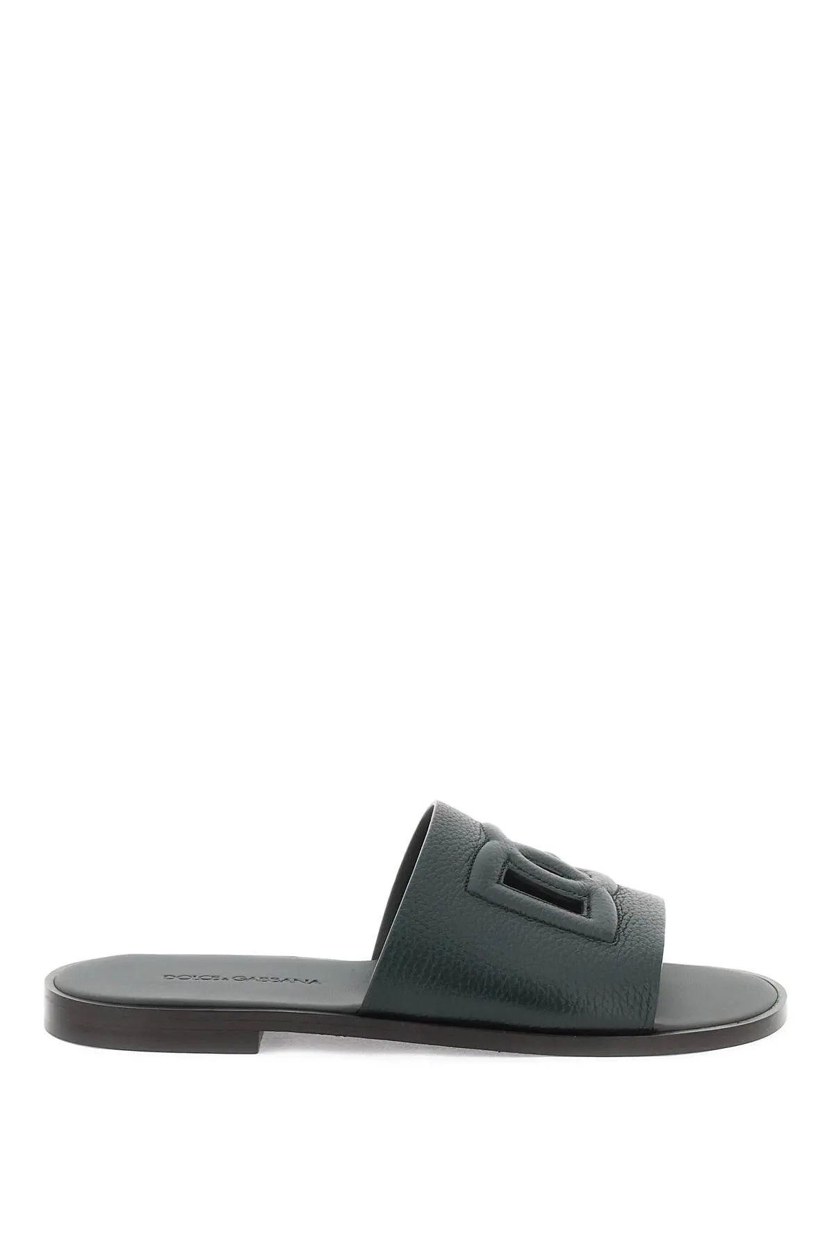 image of Dolce Gabbana O1S22I1N0124 Cut-Out Logo Leather Slides In Green, Men's (Size 10)