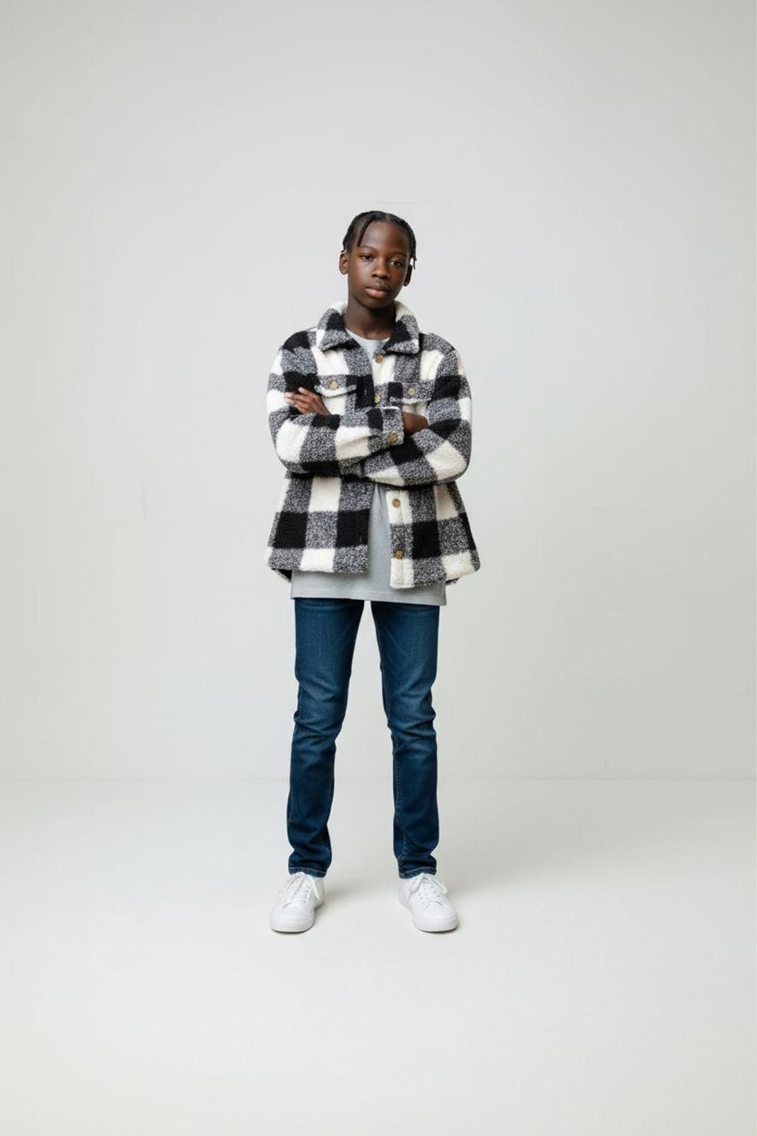 Designer Unisex Kids Black and White Checkered Fleece Jacket Size ONE SIZE - 2 Thumbnail