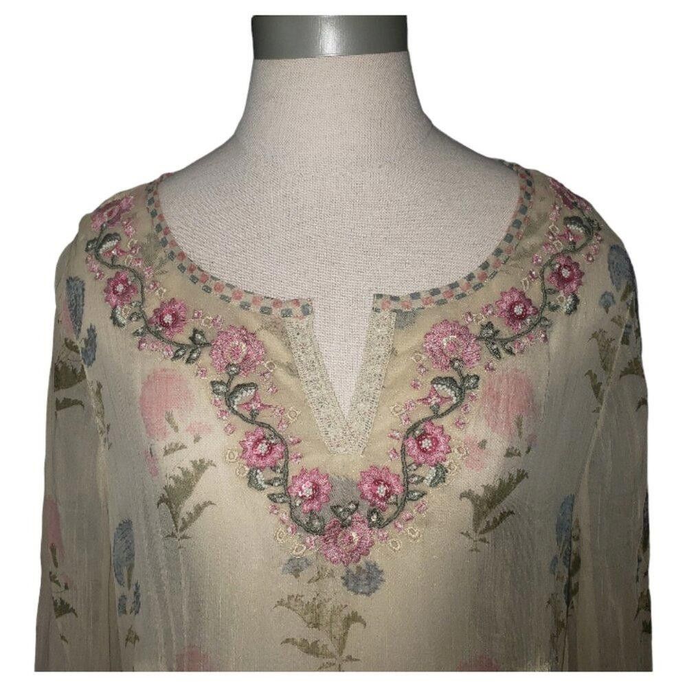 Designer CT1531 Soft Surroundings Sheer Floral Beaded Top S Size S / US 4 / IT 40 - 2 Thumbnail