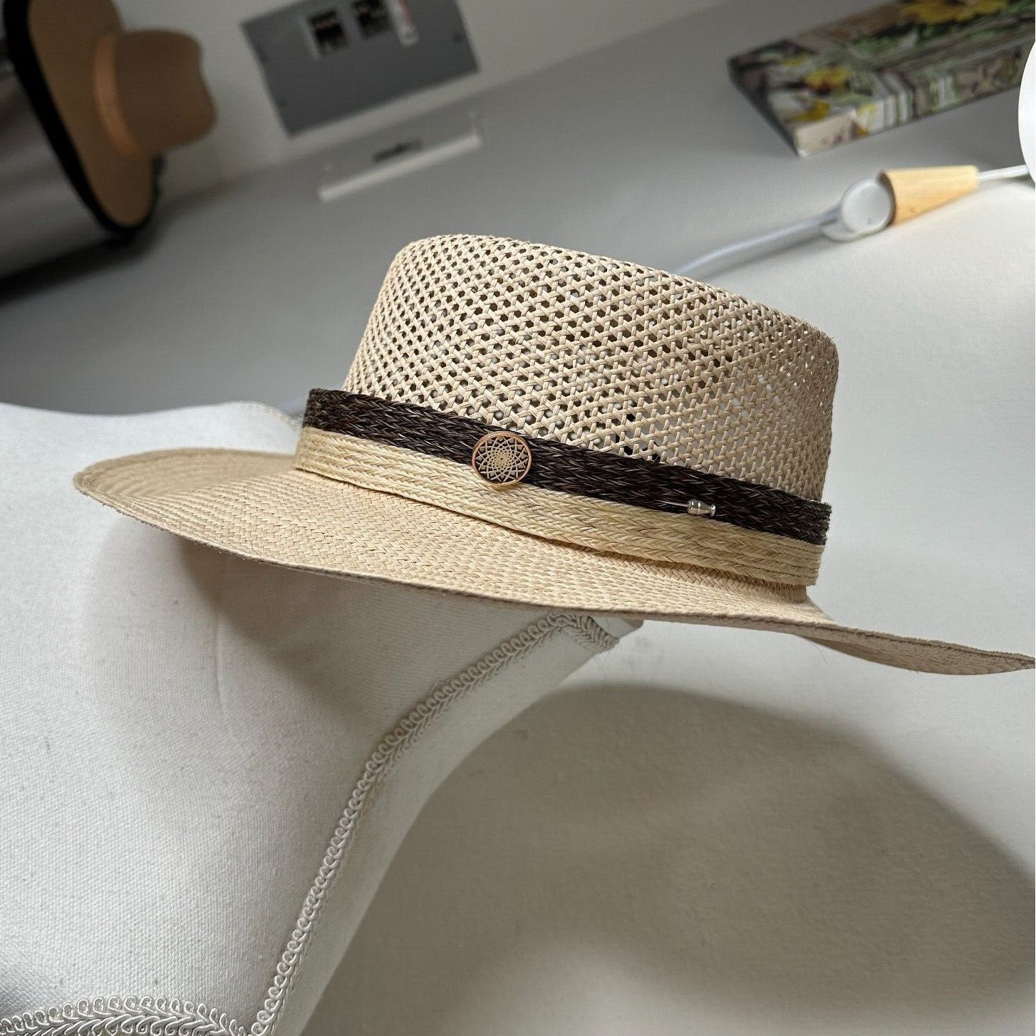 Temple Tan & Brown Basket Weave Rattan Wide Brim Hat Embellished Dark Brown Band Temple Basket Weave Rattan Wide Brim Embellished Brown Band main image 4