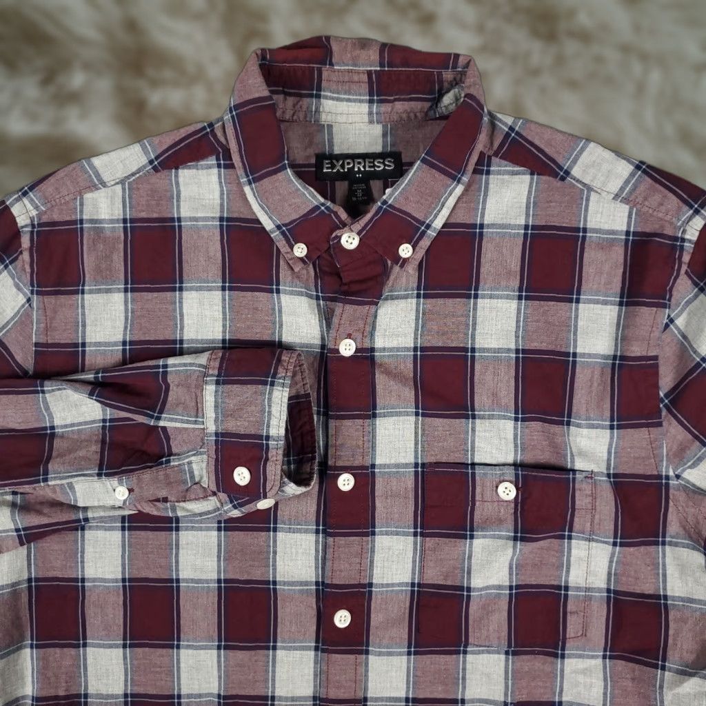 Express Express Plaid Button-Up Shirt Mens Medium Red Burgundy 15-15.5 All Seasons Casual Business Size US M / EU 48-50 / 2 - 1 Thumbnail